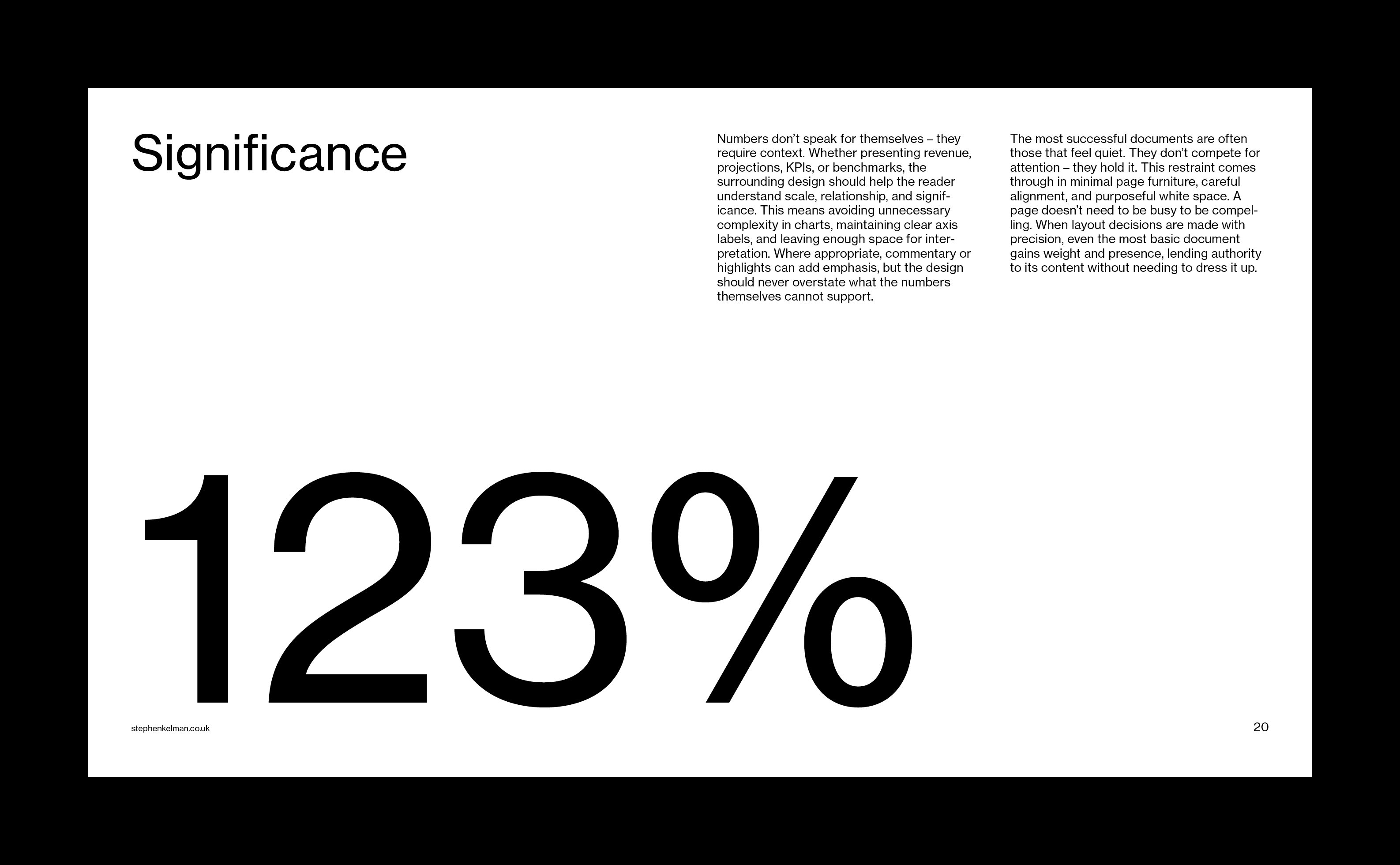 Minimal slide with oversized ‘123%’ and supporting context on design clarity and significance.