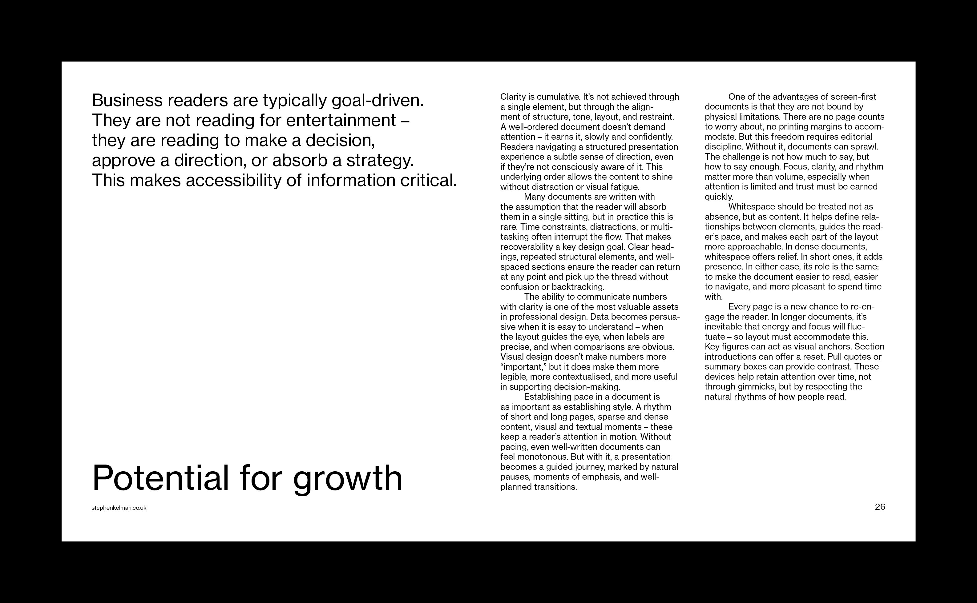 Minimal layout with large heading and three dense text columns.