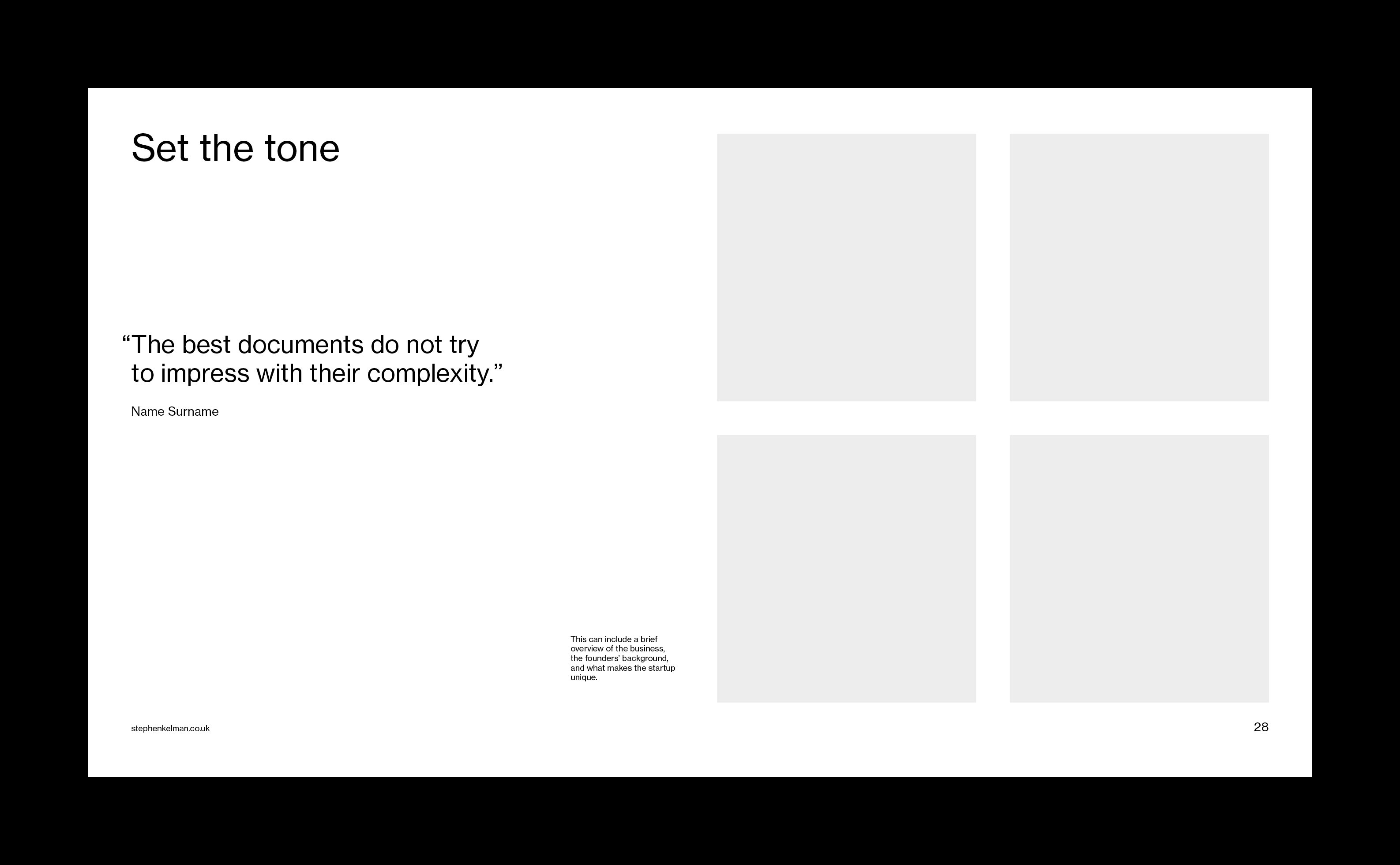 Four-column layout with a quote on simplicity and grey image placeholders