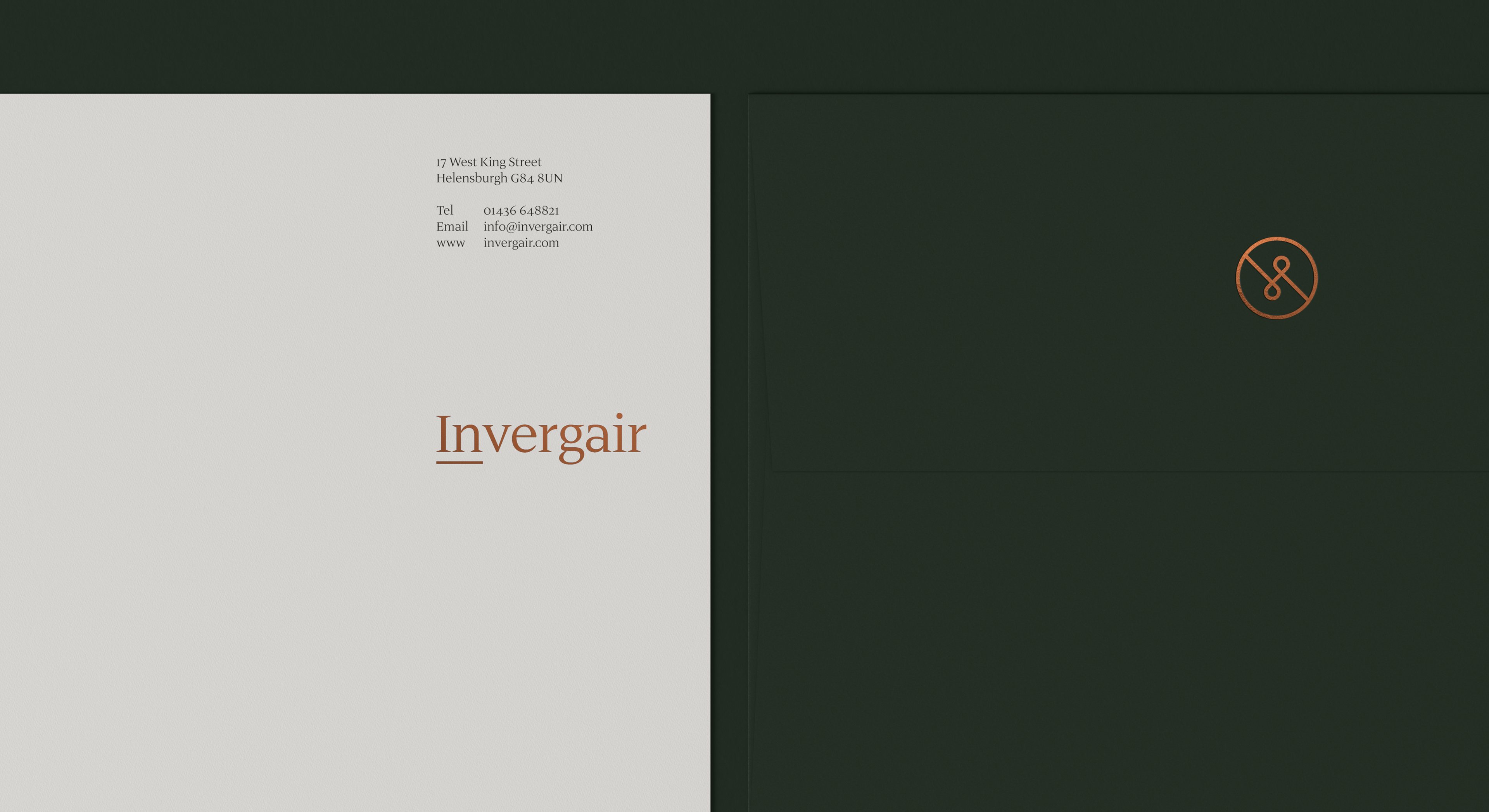 Invergair letterhead and envelope with copper foil