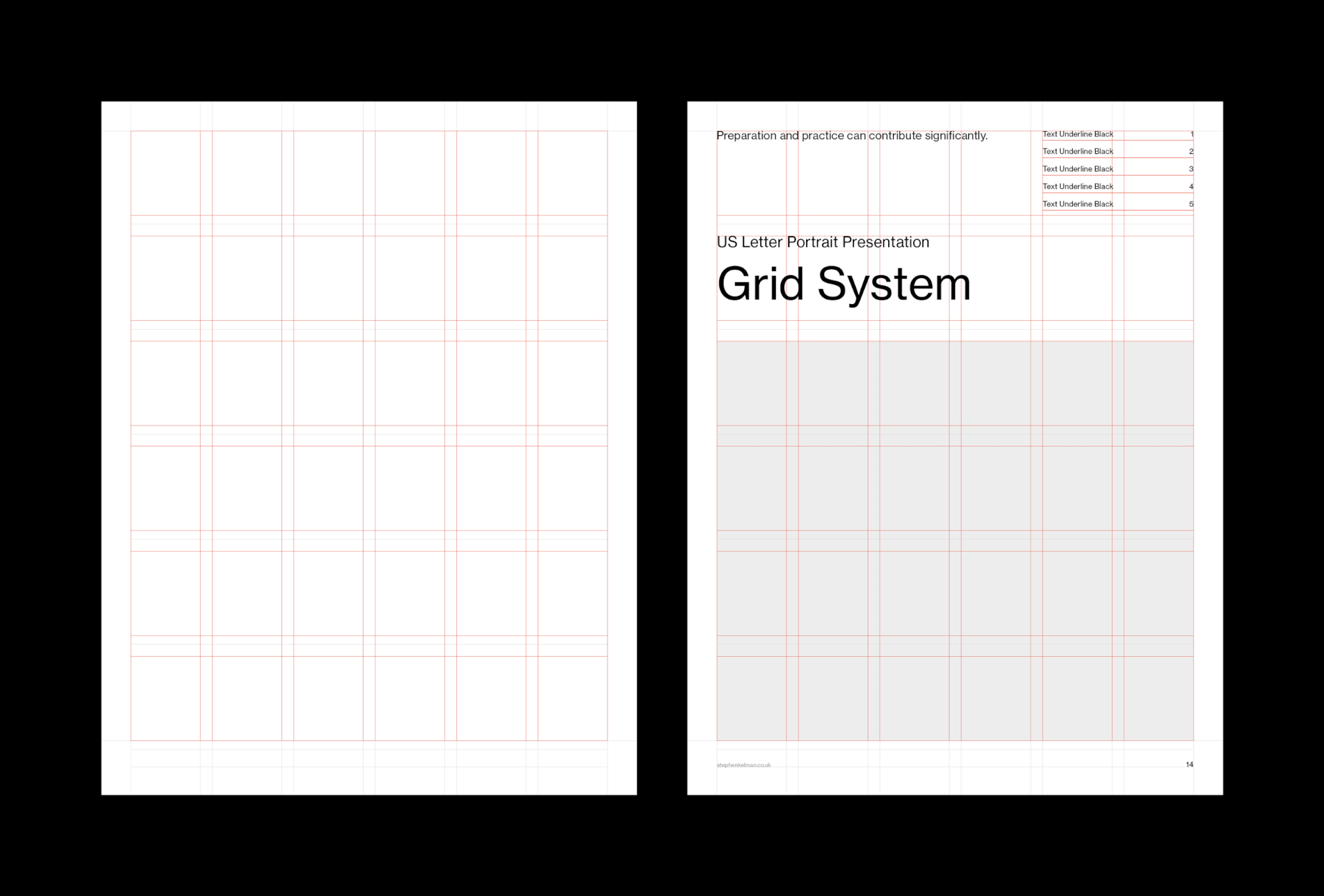Letter Presentation Grid System for InDesign portrait cover: 36-field modular grid beside a Grid System title page.