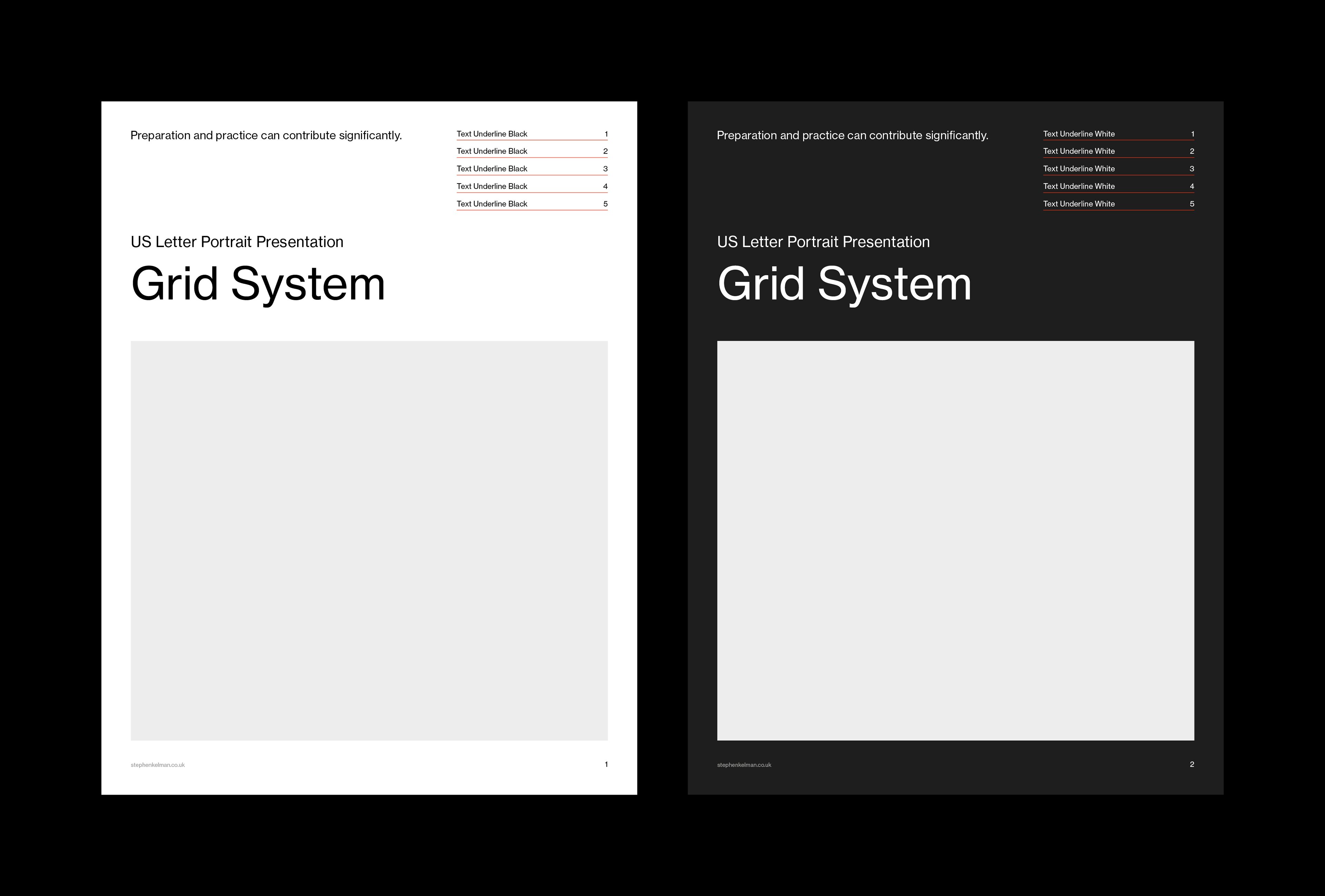 Matching light and dark title pages, each with a large image area, underlined text list and Grid System headline.
