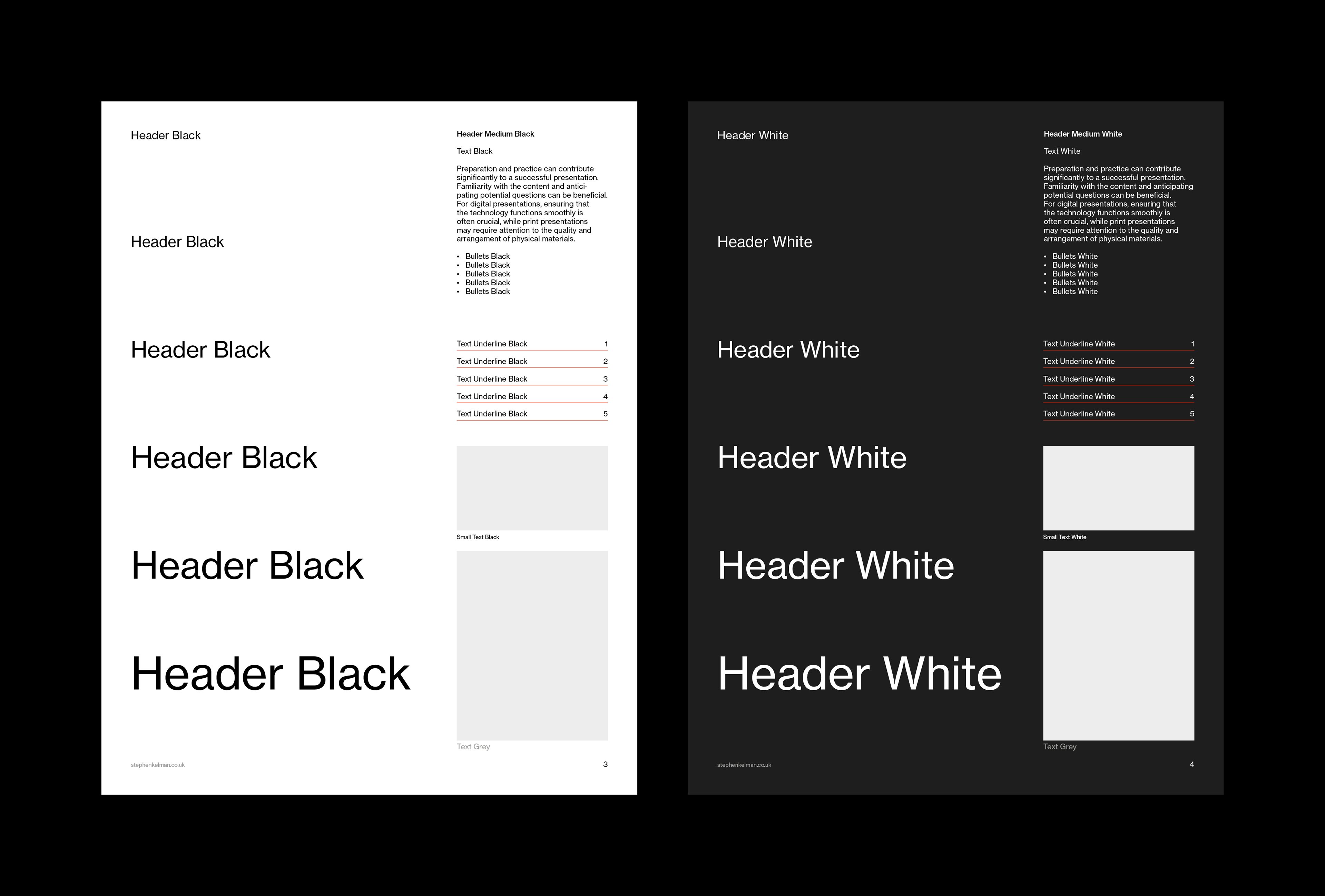 Type hierarchy ladder showing six header sizes, in black-on-white and white-on-black versions side by side.