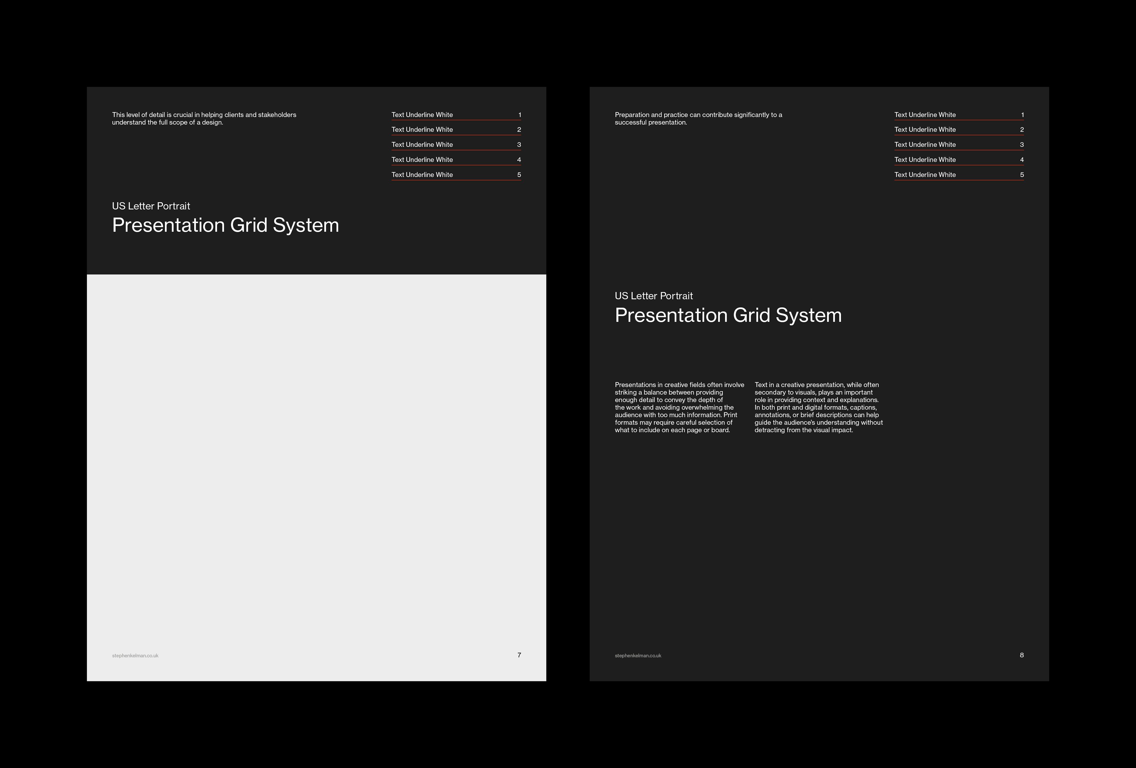 Dark layouts pairing the headline with a full-width image area on one page and two text columns on the other.