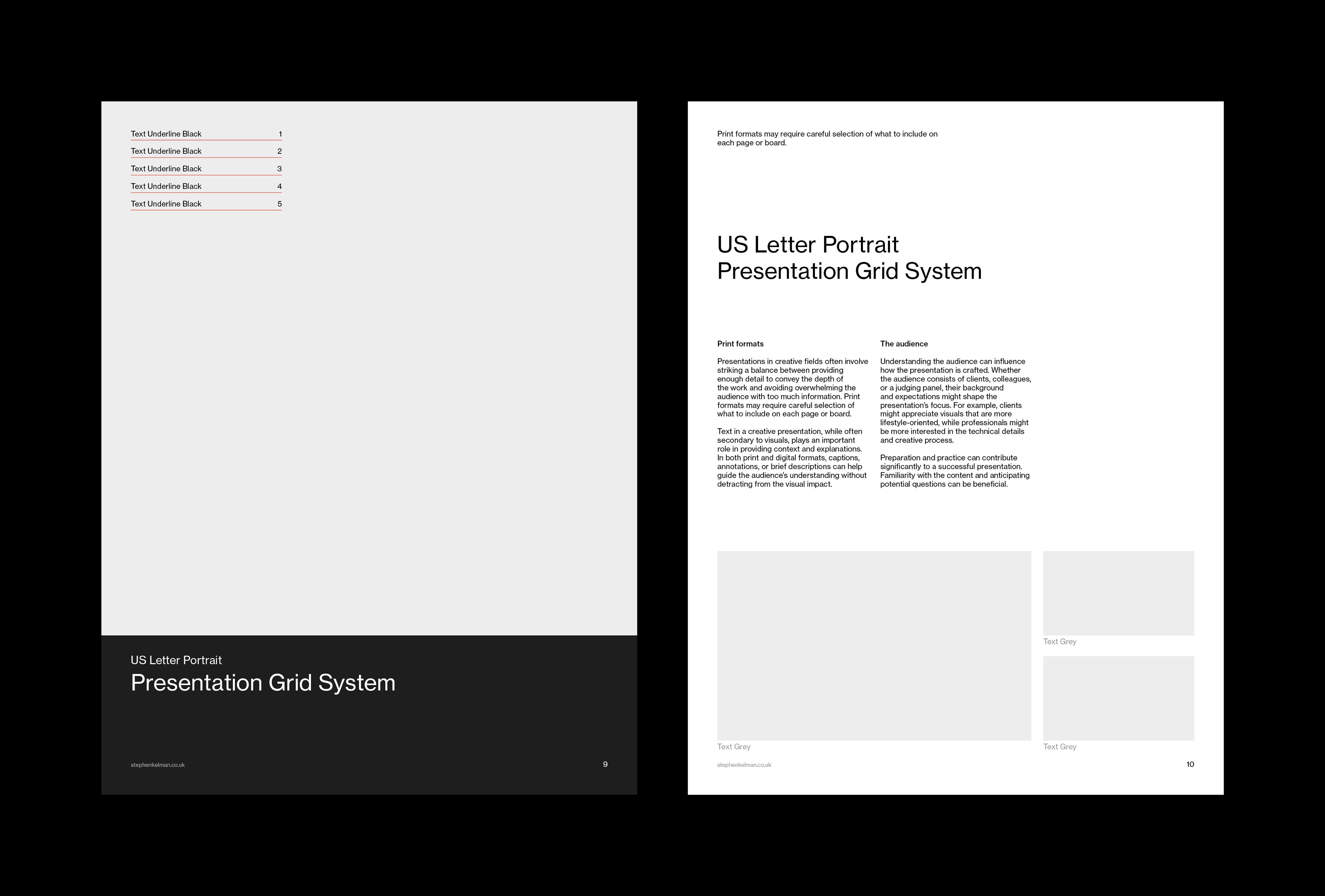 Title anchored in a dark footer band under a tall image, beside a page of intro columns and four image thumbnails.