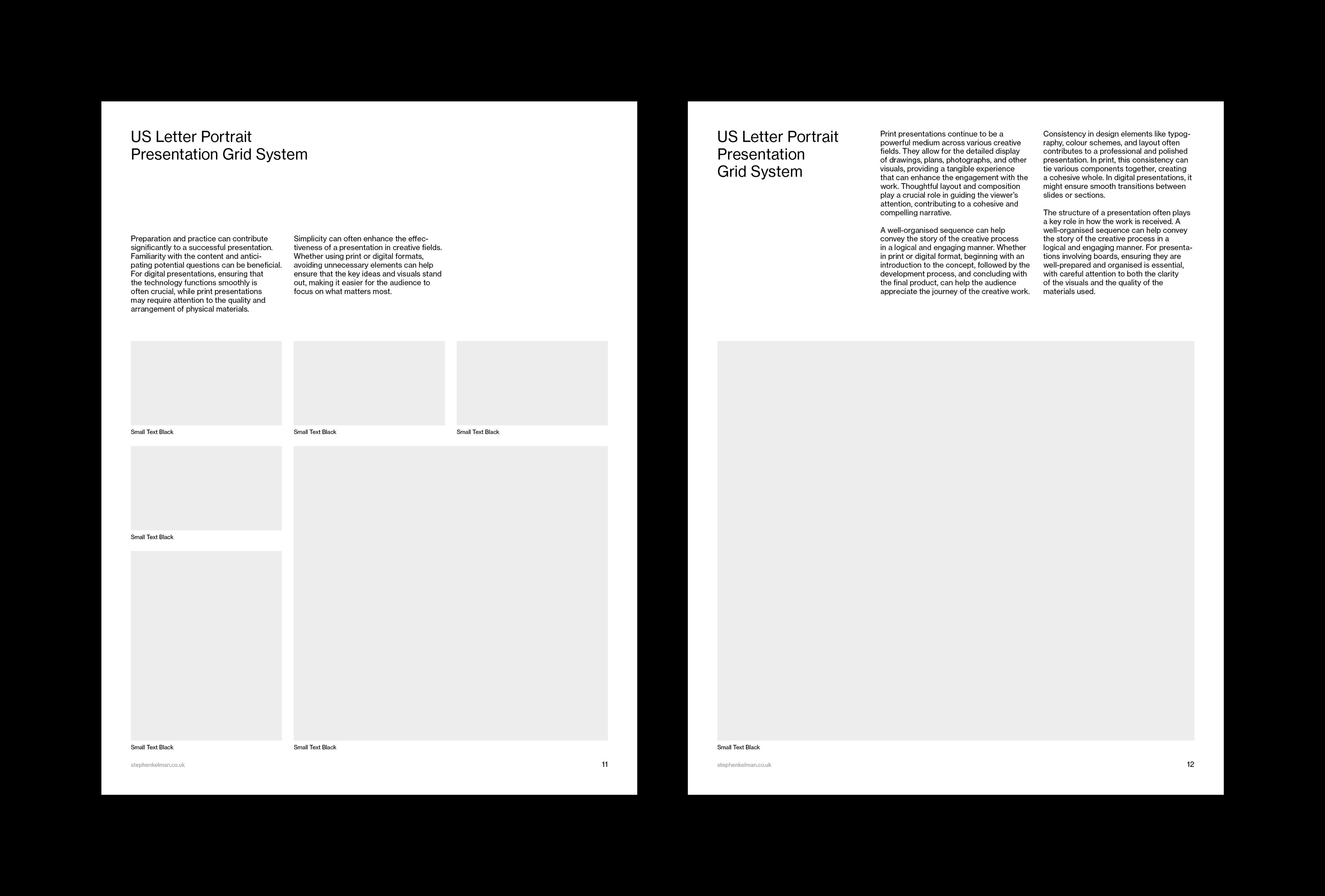 Two white sample layouts mixing running text columns with captioned image grids of varying sizes.