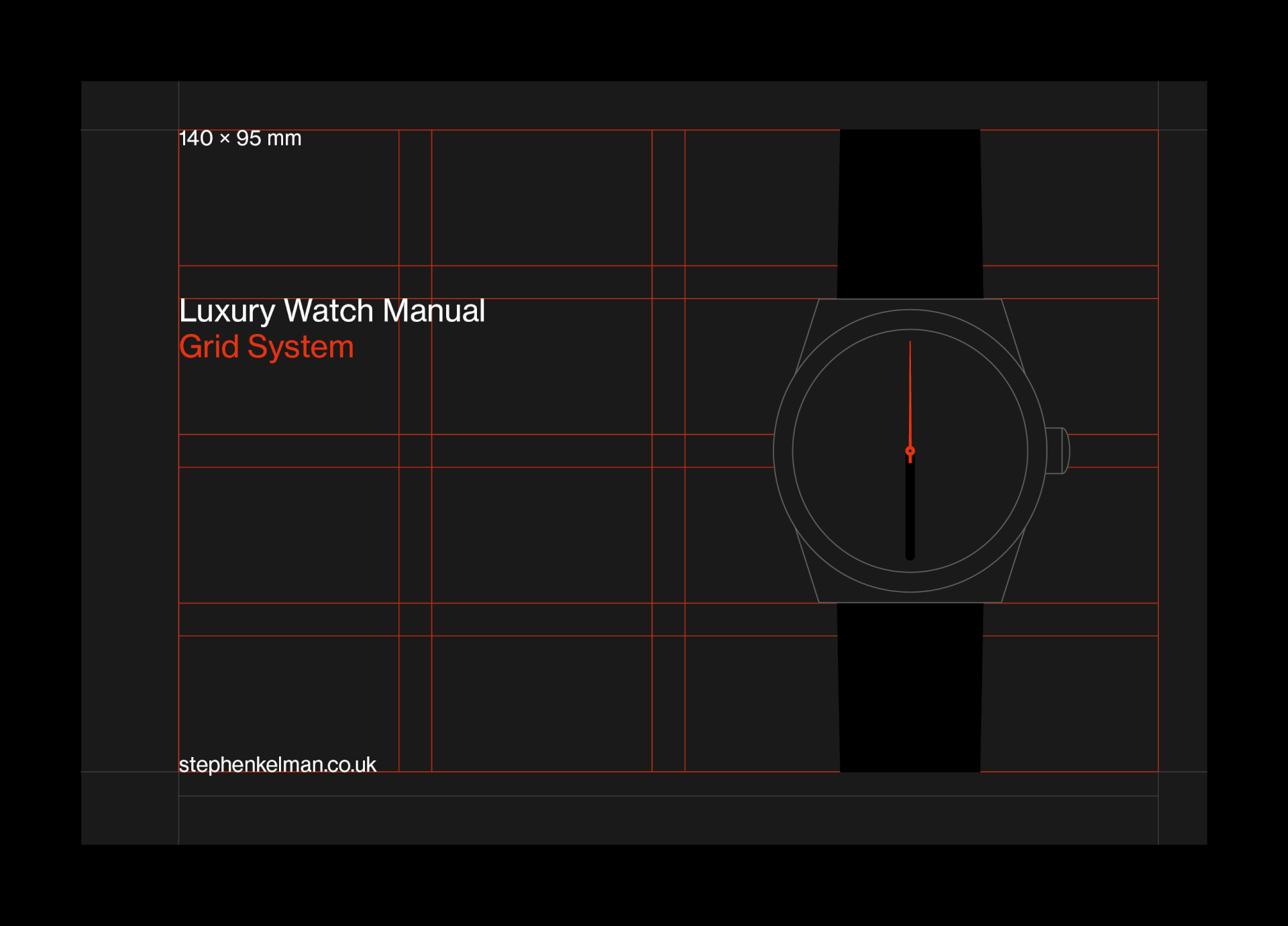 Landscape cover showing title and watch wireframe on a red Swiss style grid system, 140 × 95 mm.