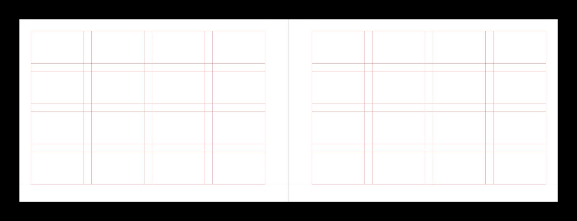 Two-page grid system template with equal divisions for luxury watch manual layout structure