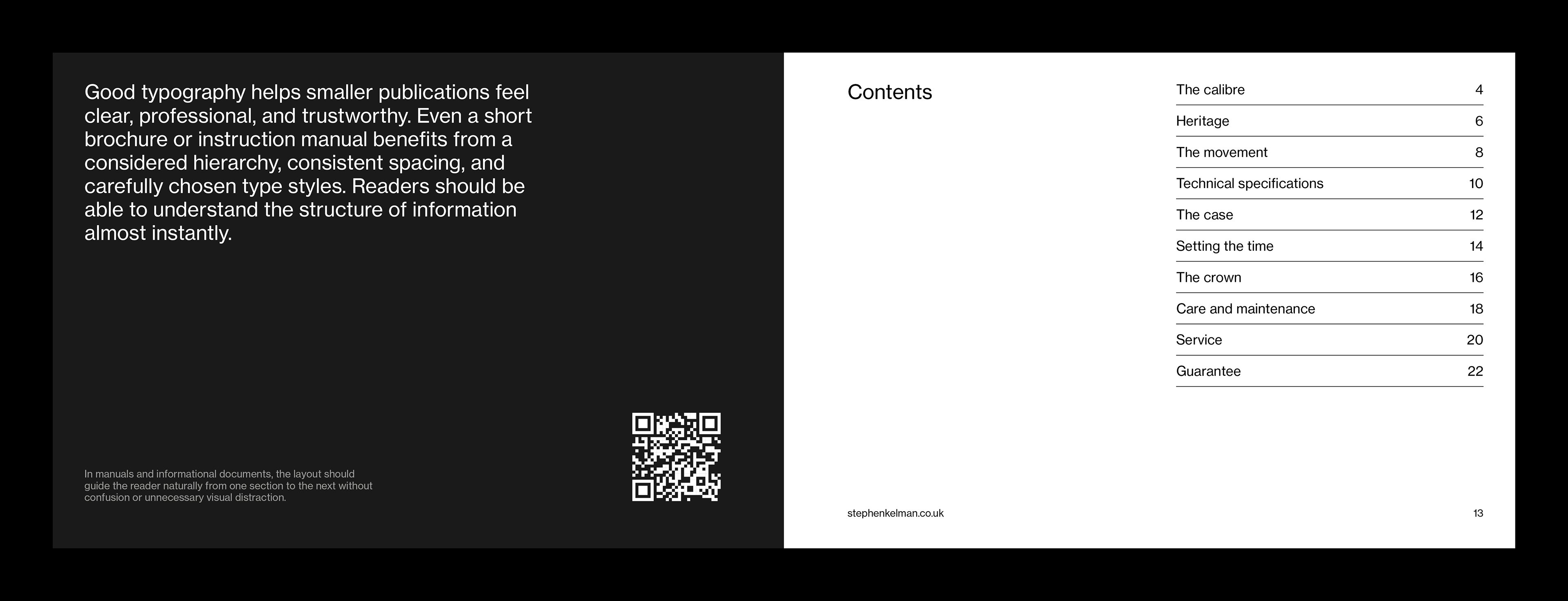 Manual template spread with cover typography, QR code, and contents page layout
