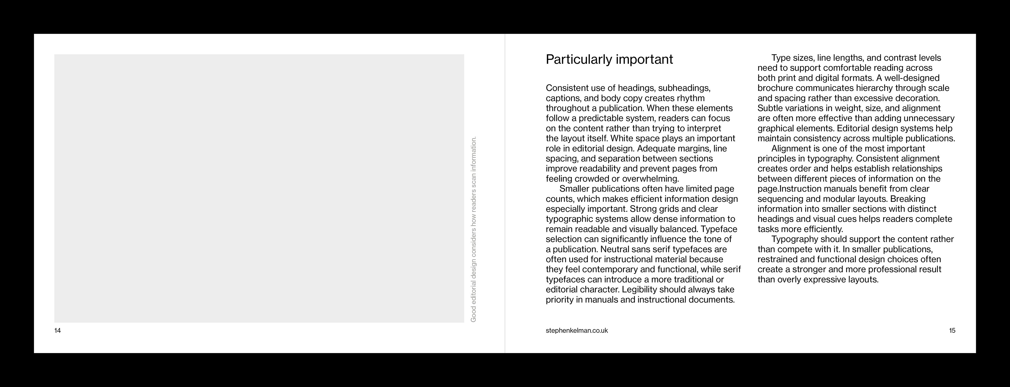 Grid system pages showing 'Particularly important' section with multi-column layout and typography