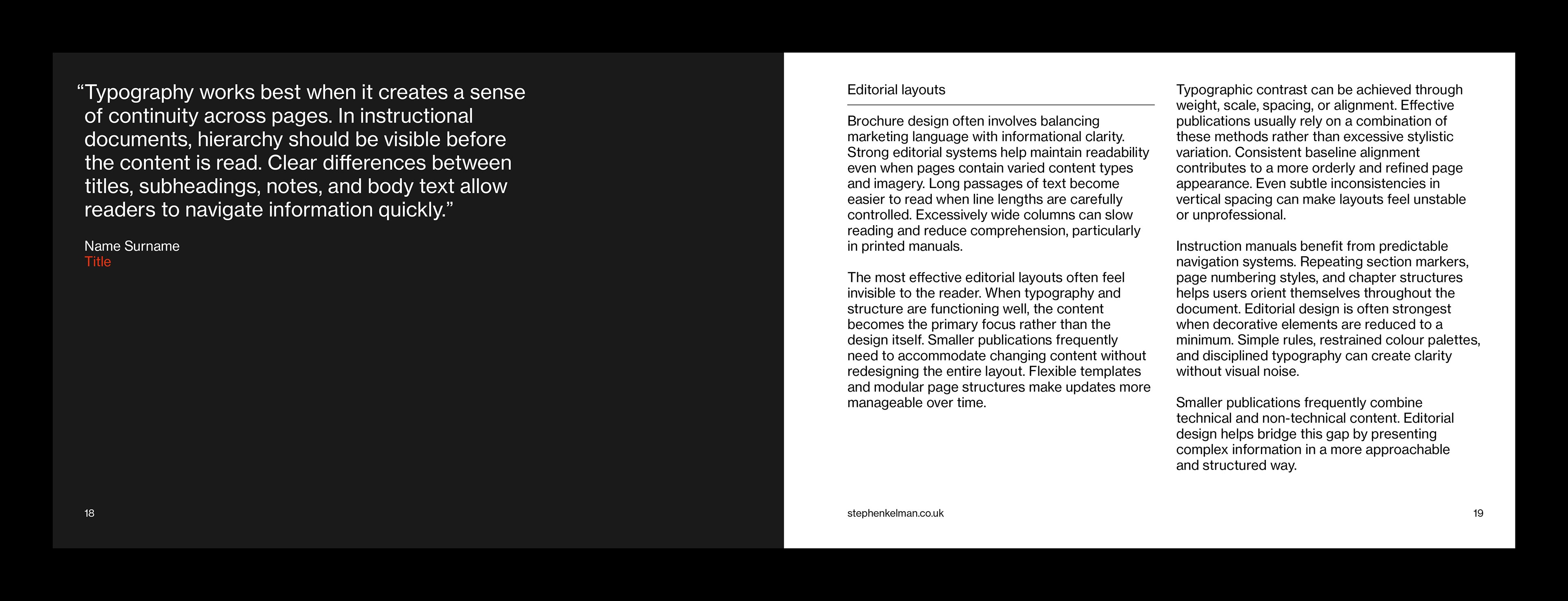 Brochure pages with dark and light layout variations and multi-column design for watch manual