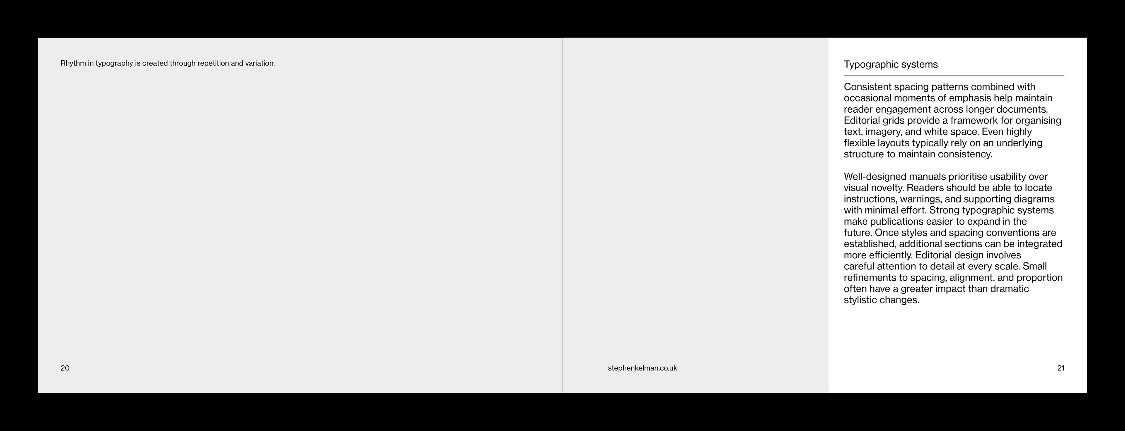Brochure pages showing typographic systems and rhythm with spacing and layout examples
