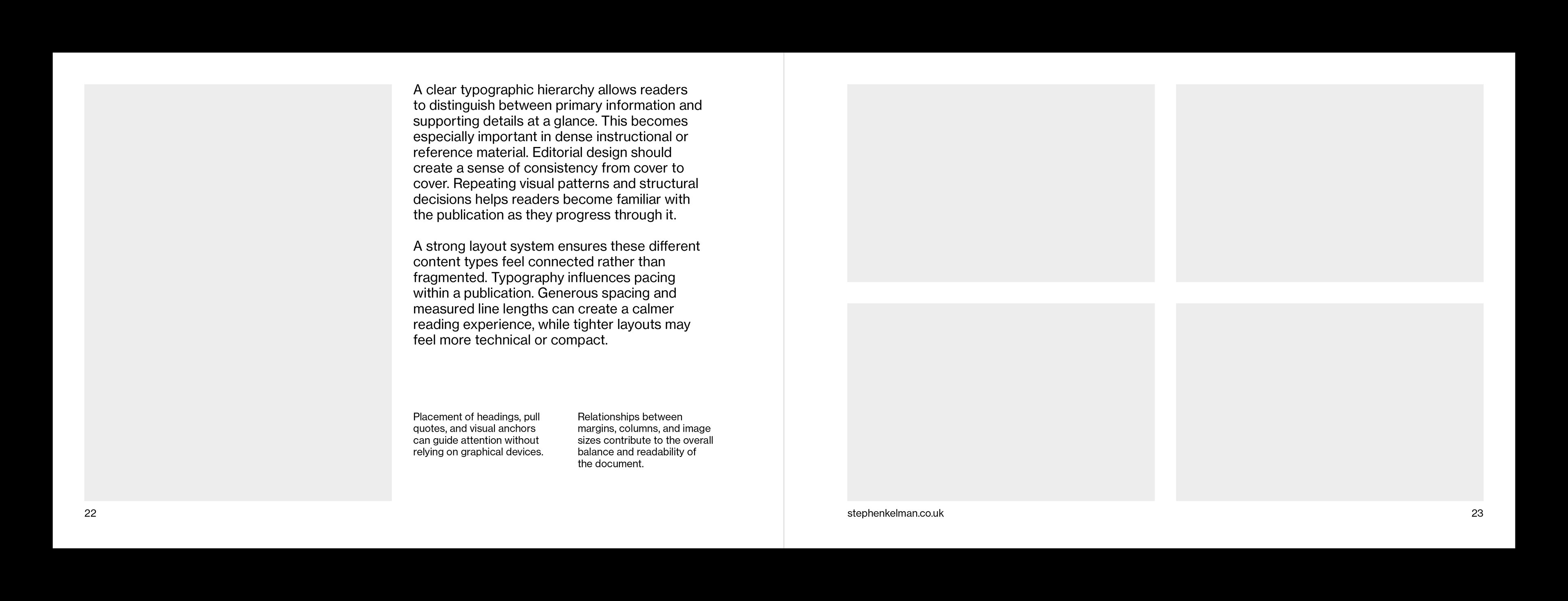 Manual pages displaying text and image layout areas with modular grid structure framework