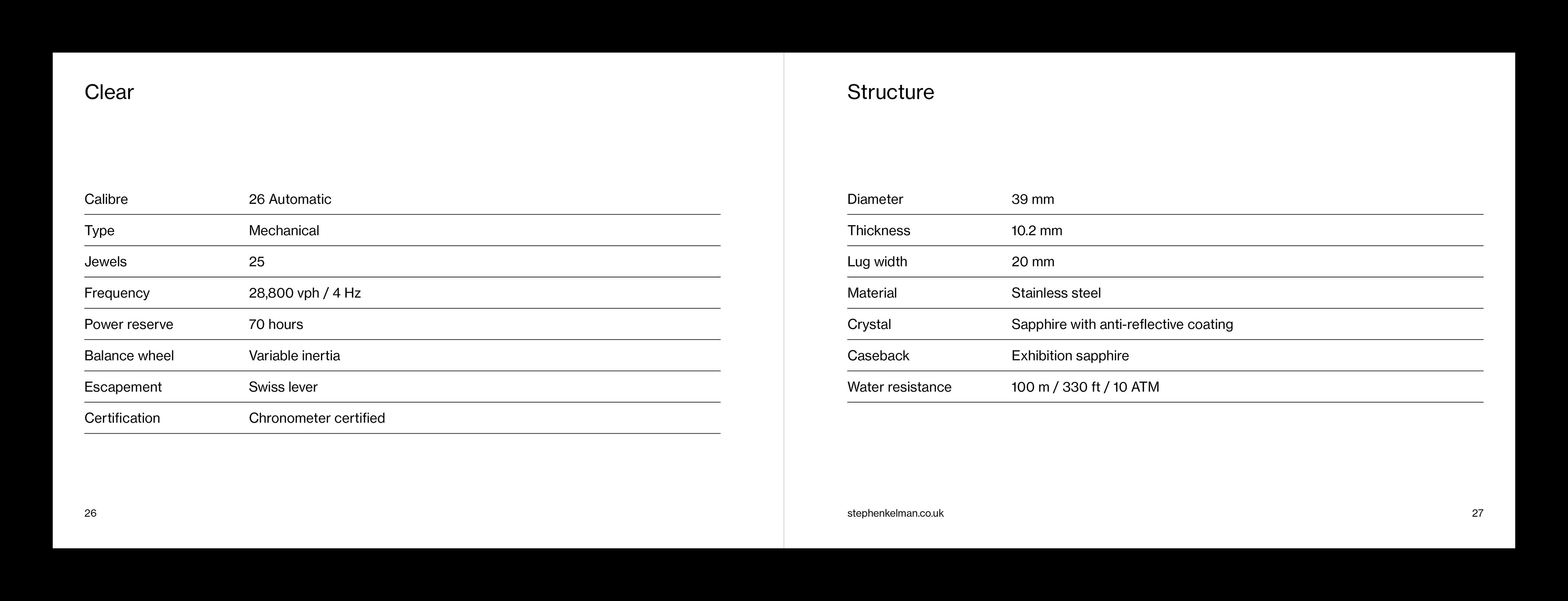 Grid system pages with structured specifications layout and two-column data organisation format