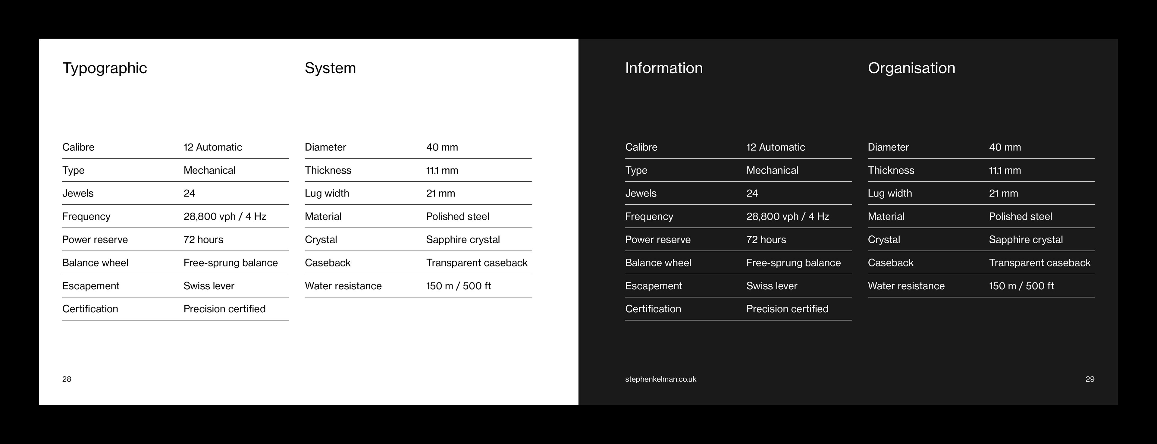 Brochure pages with light and dark theme variations for watch specifications data layout