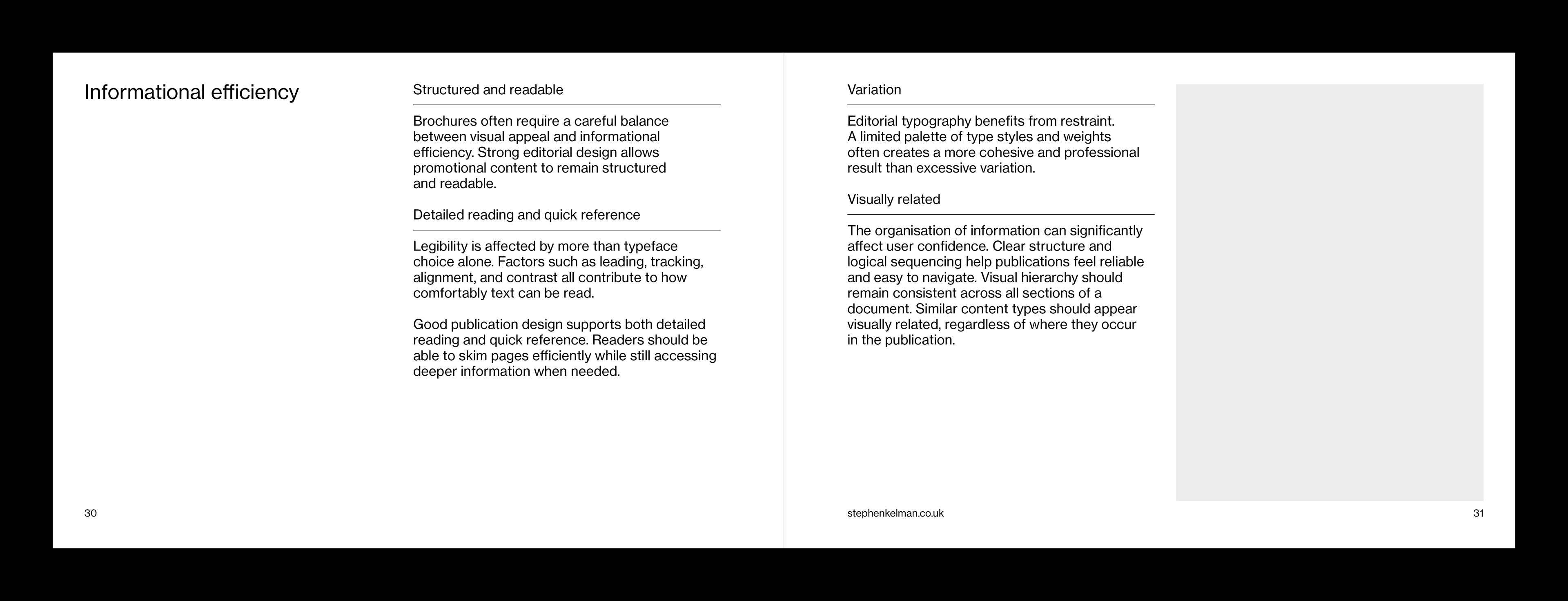 Manual pages demonstrating information hierarchy with section headings and layout variations