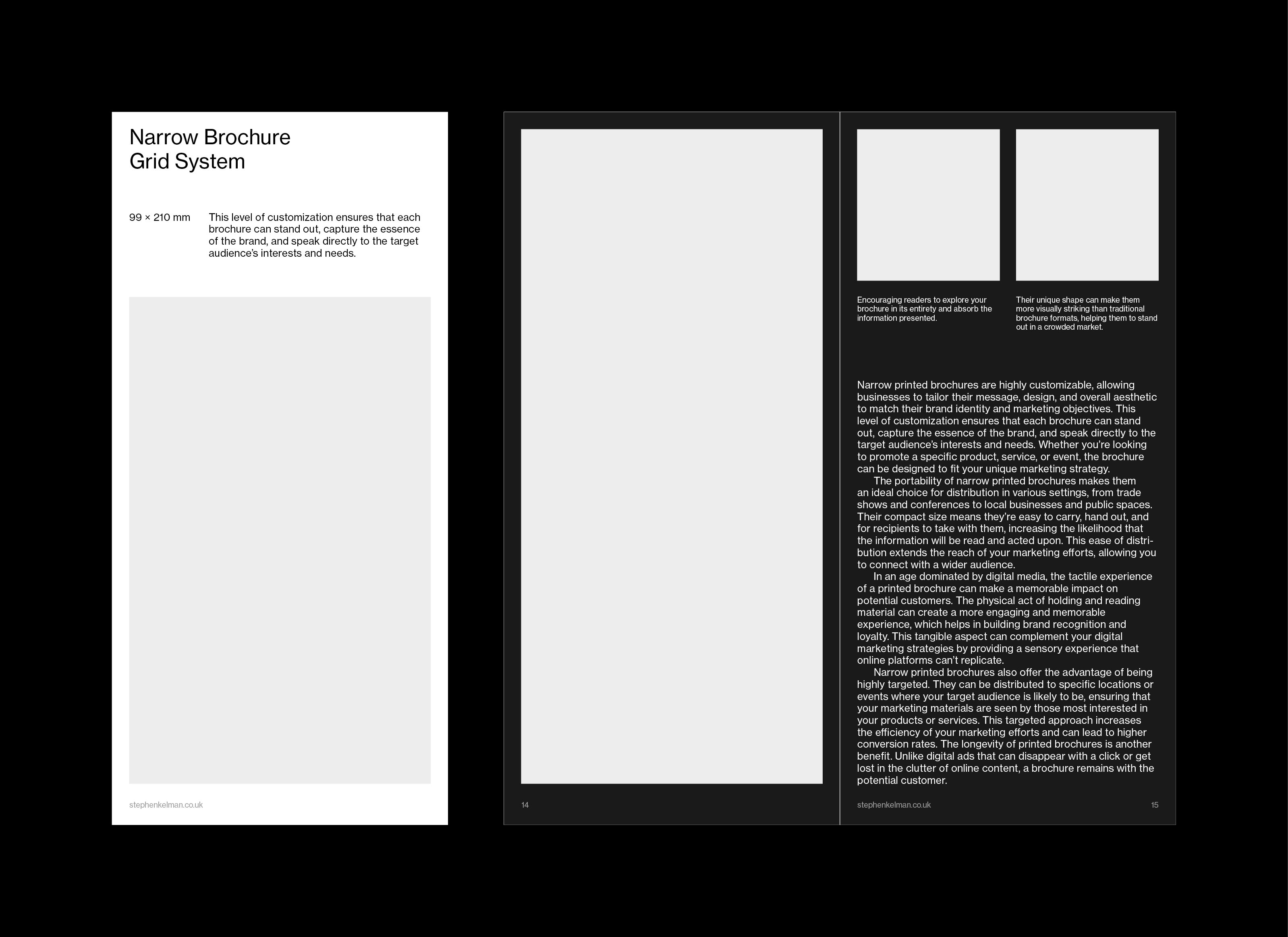 Cover and spread design for a narrow format grid system template