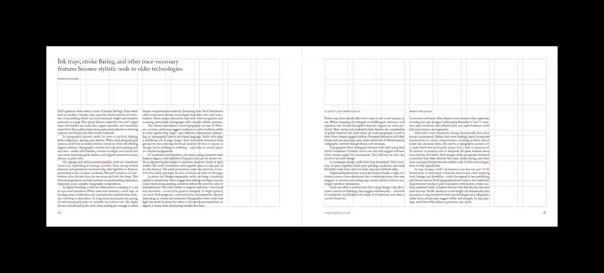 Serif Series A4 Landscape Grid System for InDesign: ink traps spread shown with red modular grid guides.