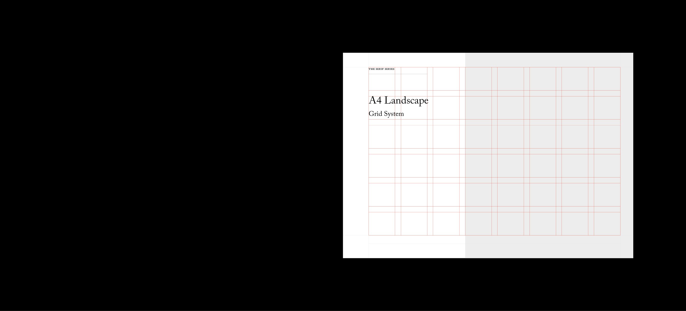 Cover page reading The Serif Series, A4 Landscape Grid System, on a black ground with red grid guides.