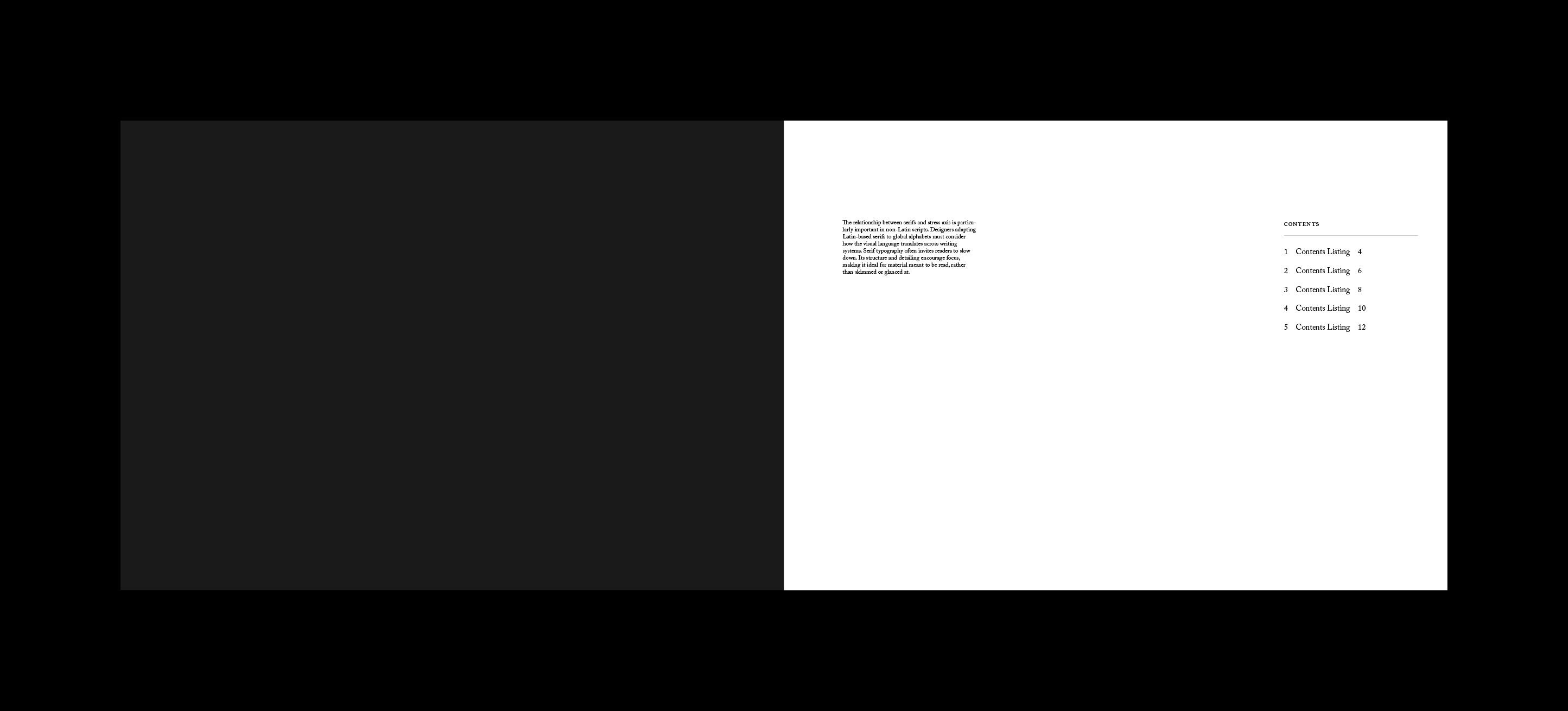 Contents spread with a black facing page and a five-entry serif contents list.