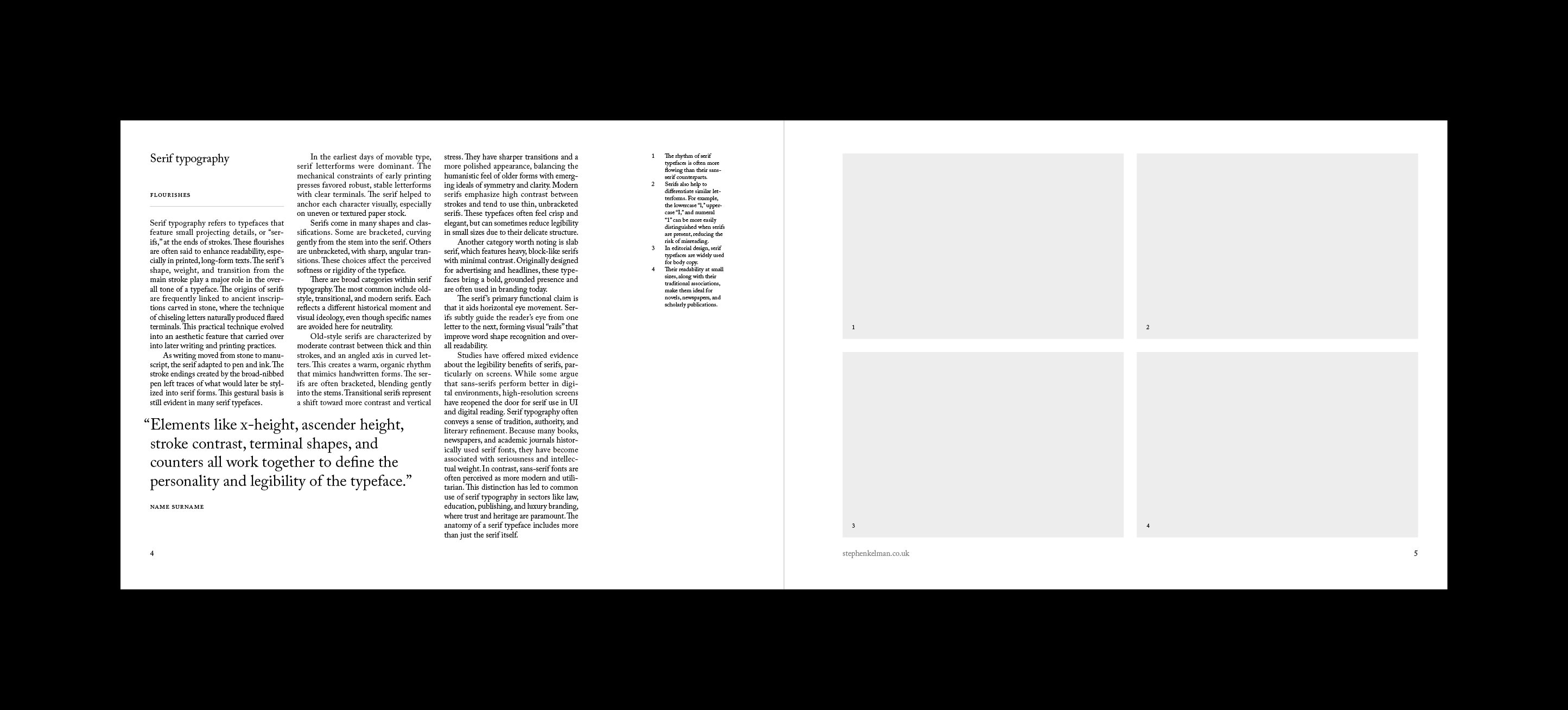 Serif typography spread with a pull quote on x-height and stroke contrast, facing a numbered sidebar and four image placeholders.
