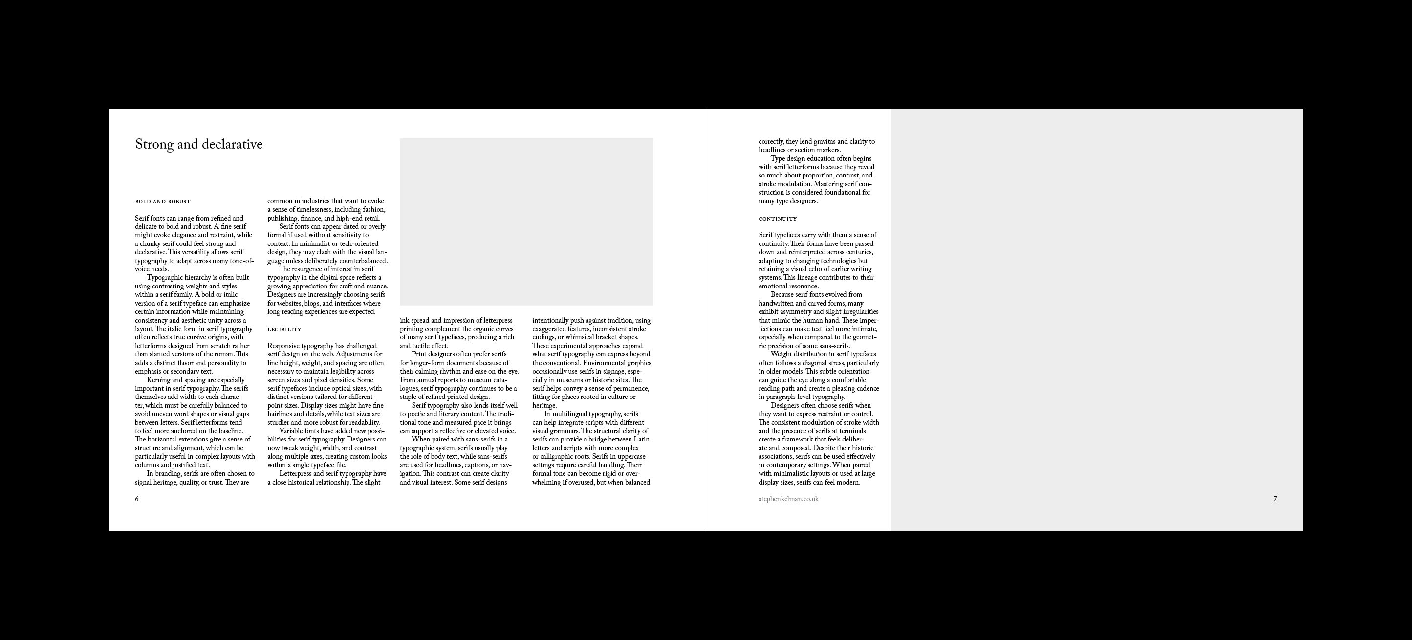 Strong and declarative spread, five columns of serif text with a landscape image placeholder, facing a full-height grey image area.