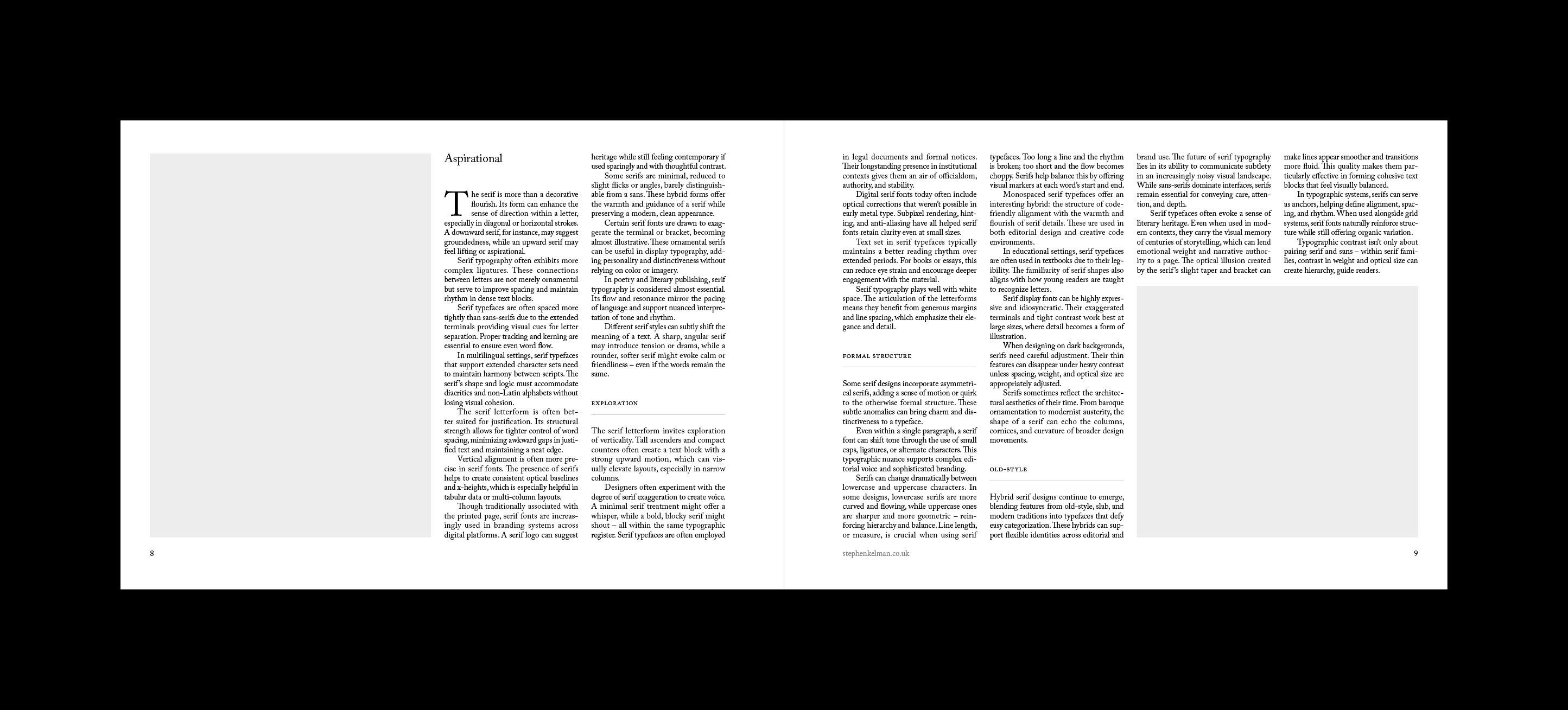 Aspirational spread with a drop cap opening, six columns of justified serif text and two grey image placeholders.