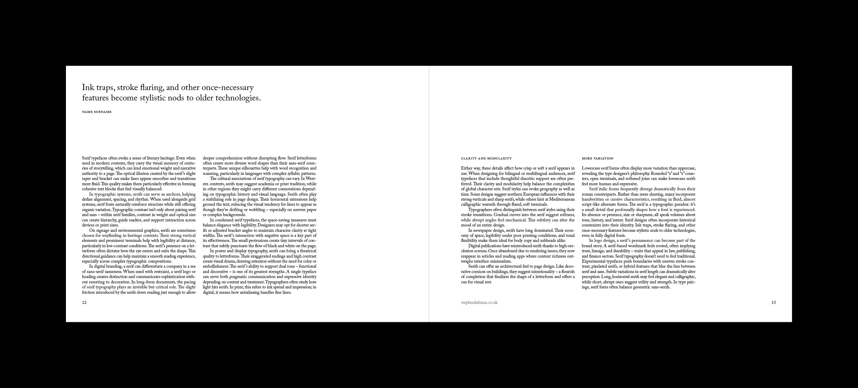 Ink traps spread with a two-line display heading above four columns of serif text.