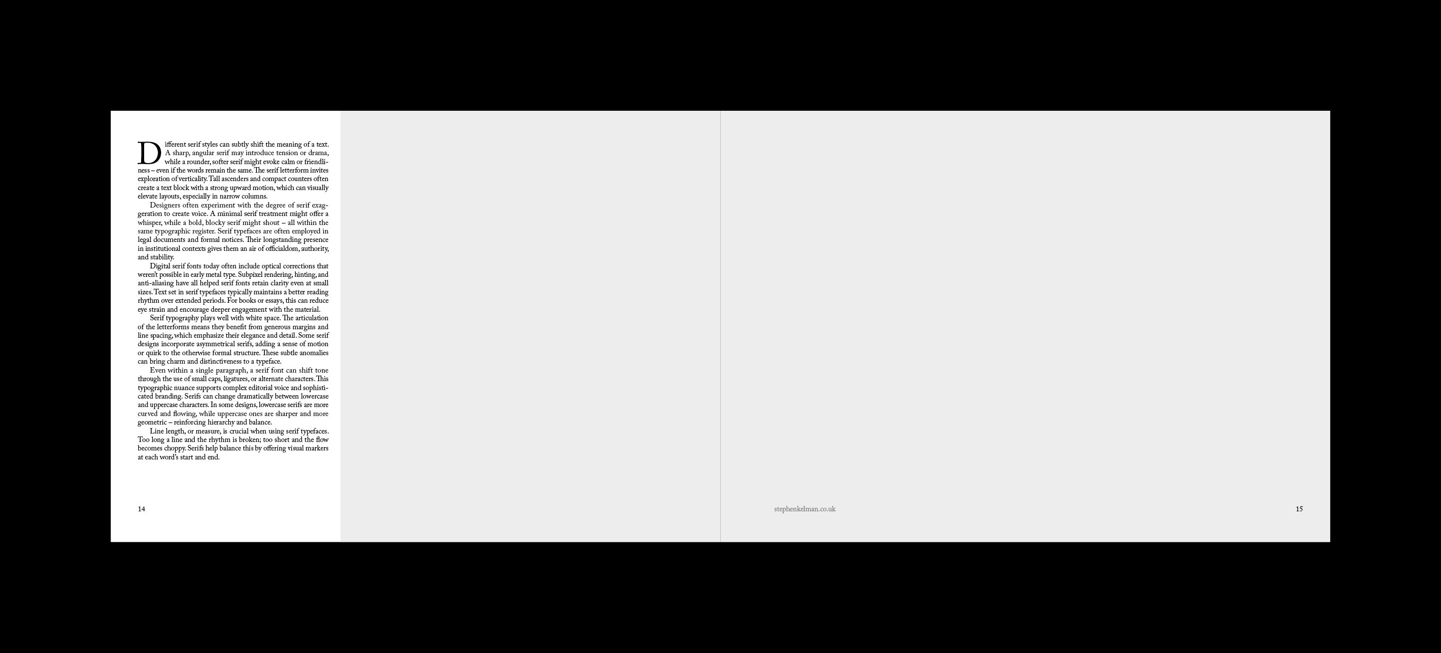 Closing spread with a drop cap essay column facing a light grey image area.
