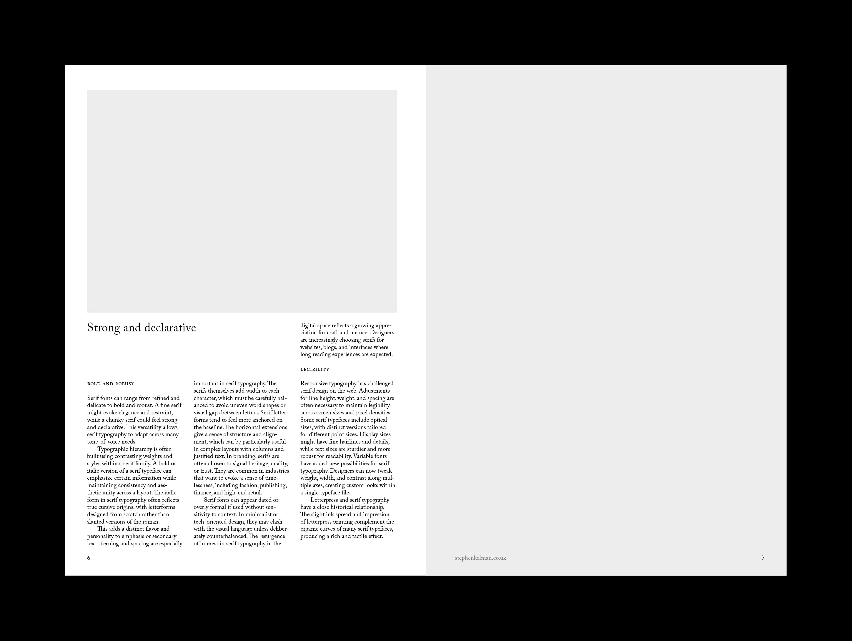 Editorial style spread design for an A4 portrait InDesign template. This spread shows three columns of full-justify text, a pullquote, captions and two large images on the right-hand page