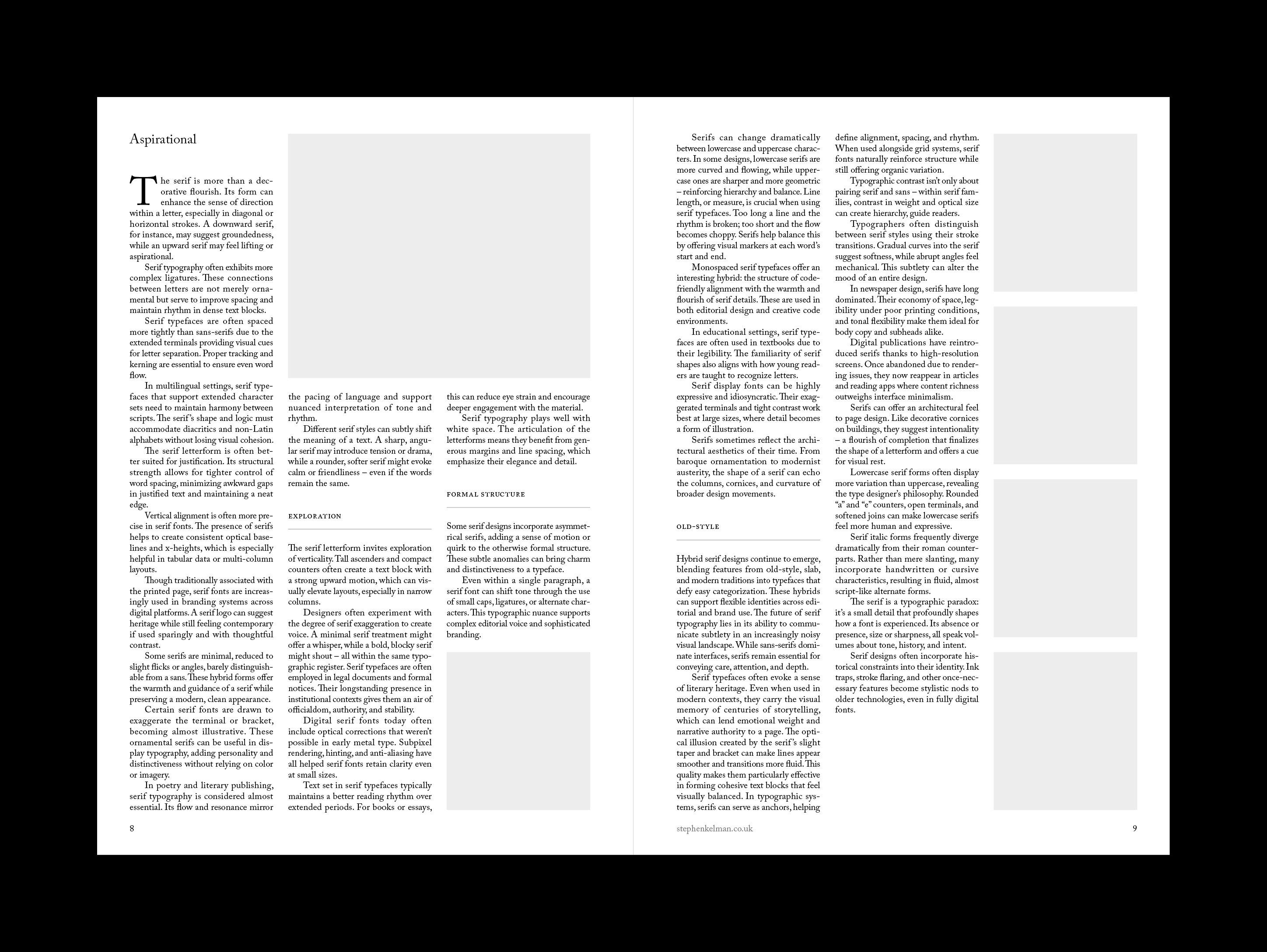 Spread design for an A4 portrait brochure template designed for Adobe InDesign. This spread design shows six columns with a mix of full-justify text and images in each