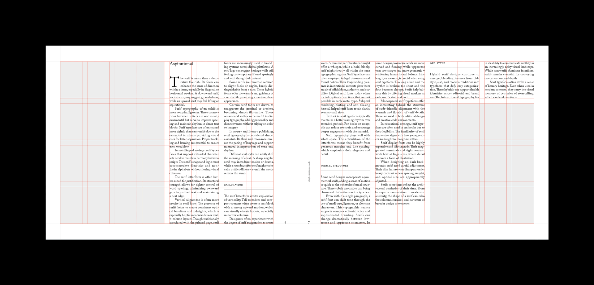 Serif Series Letter Landscape Grid System for InDesign: essay spread with the modular grid overlaid in red.