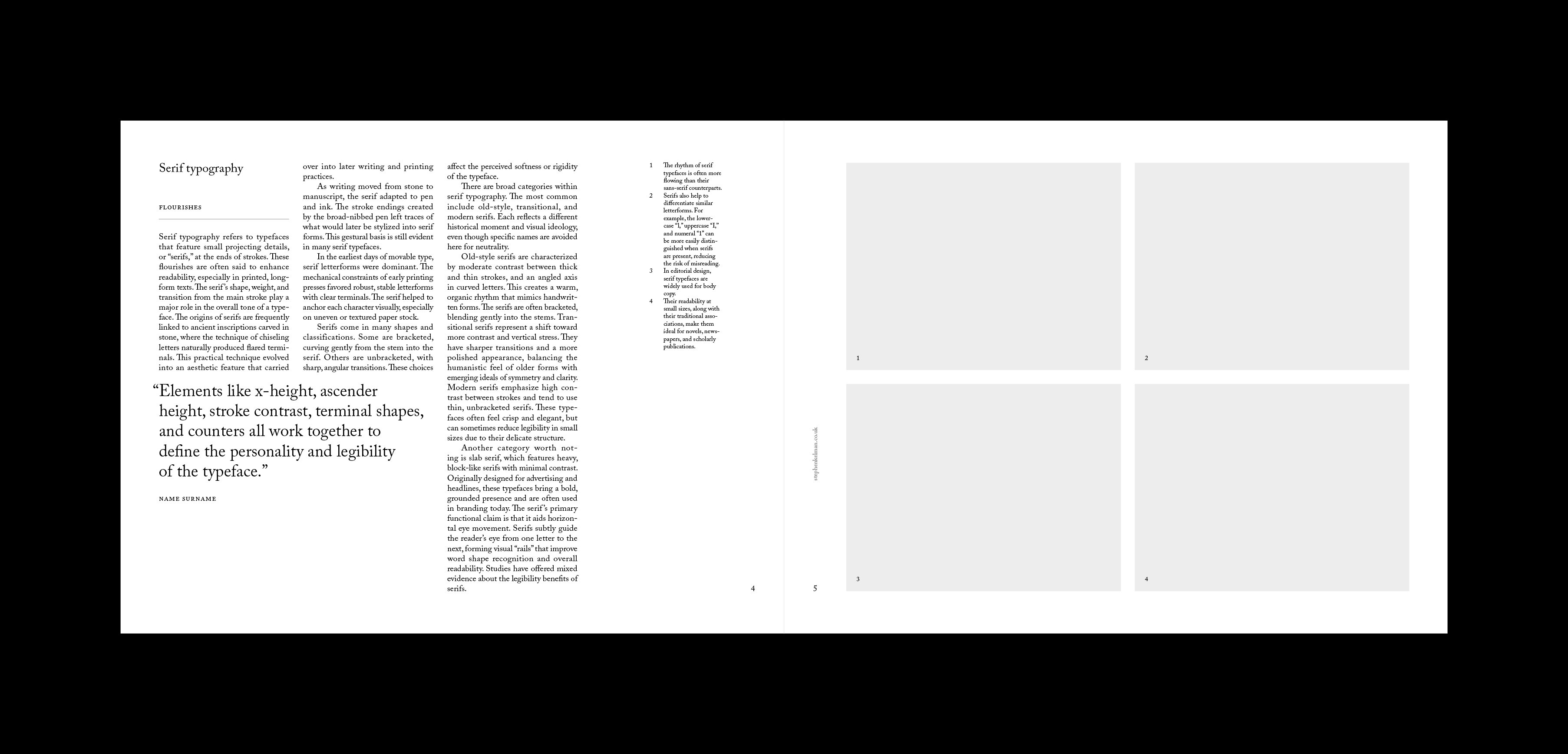 Serif typography spread with a pull quote on x-height and stroke contrast, beside stacked image frames.