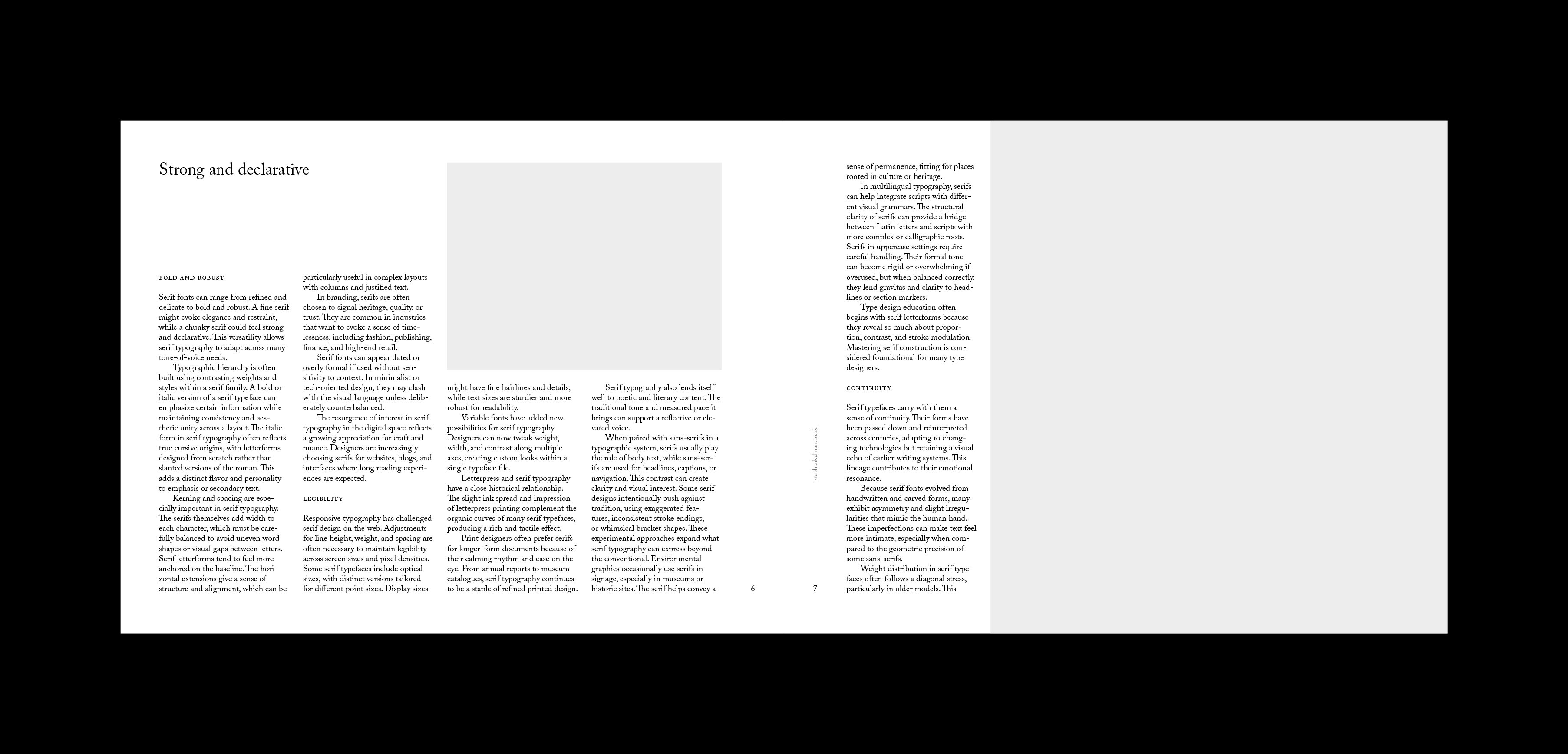 Strong and declarative sample page with justified serif columns facing a full-page image placeholder.
