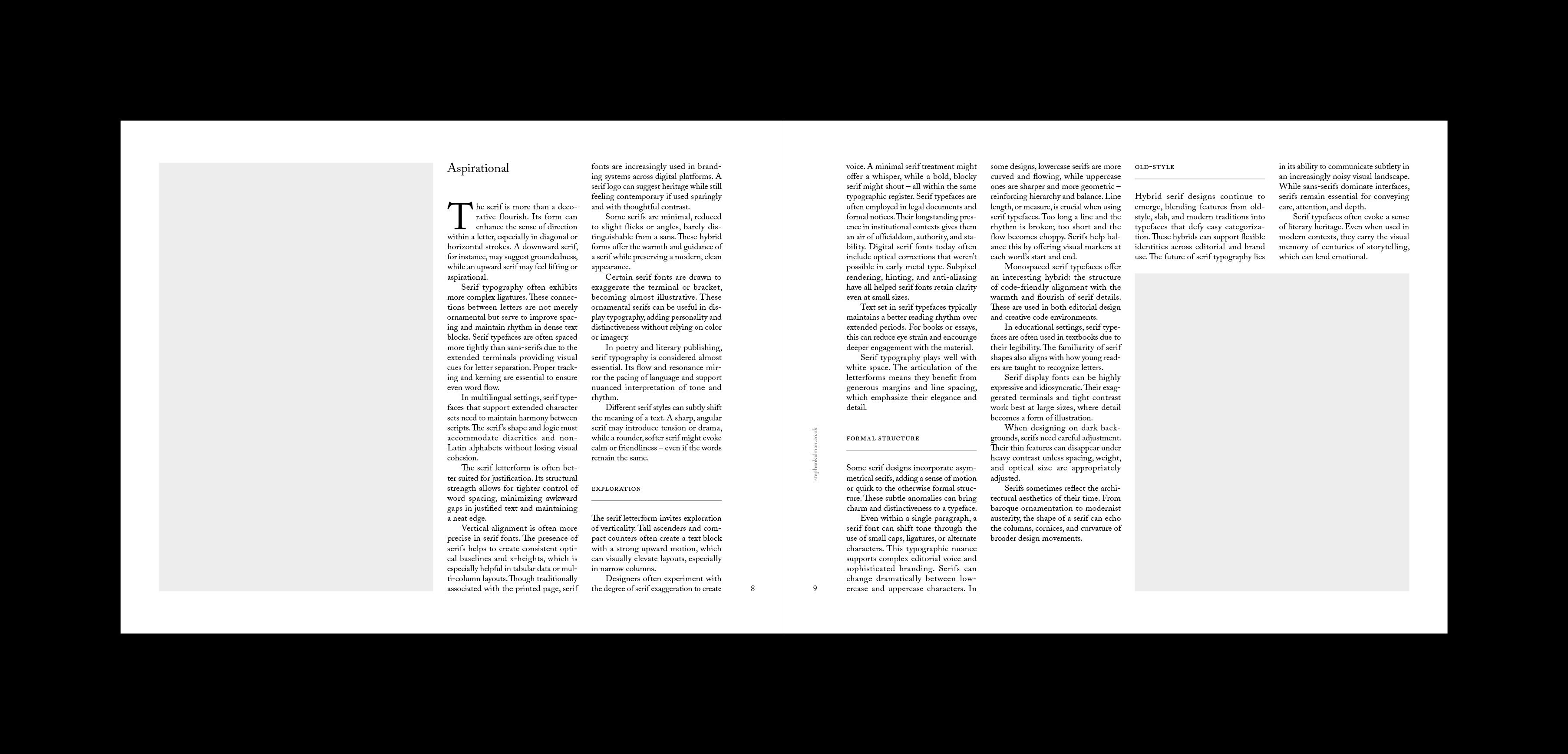 Aspirational essay spread with drop-cap opening and four columns of serif text, shown without grid guides.