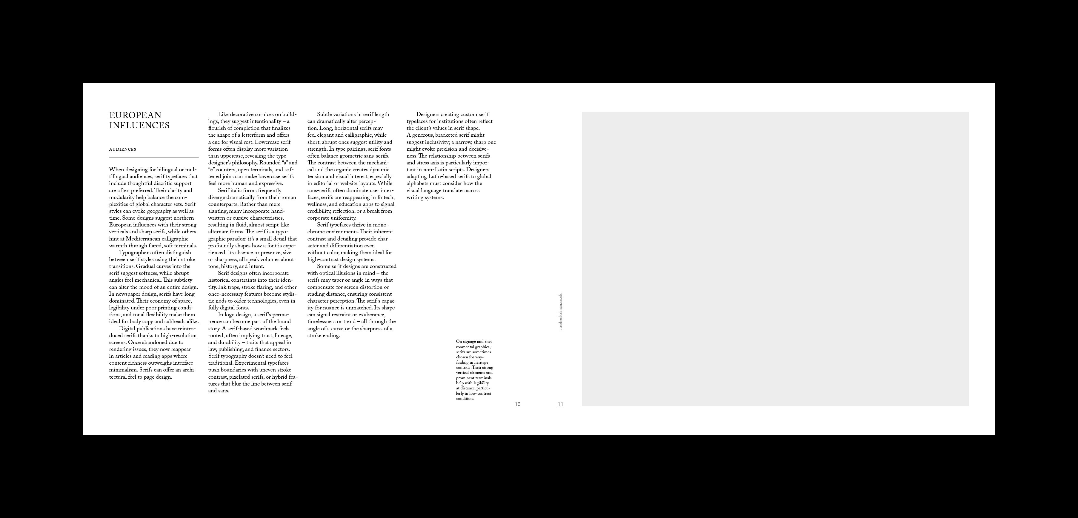 European influences section with dense serif columns, side notes and a largely blank facing page.