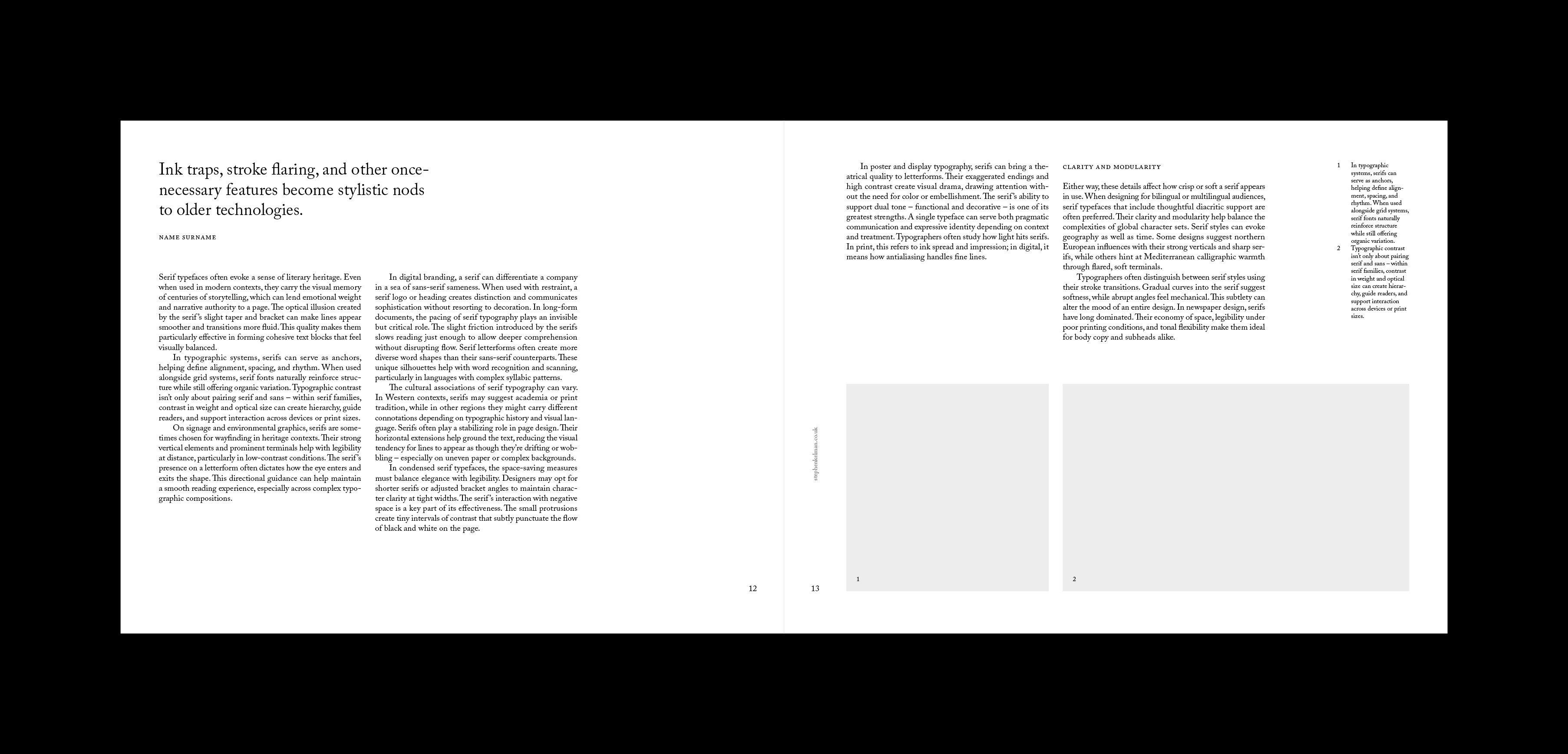 Spread led by a pull quote on ink traps and stroke flaring, with margin notes and running serif text.