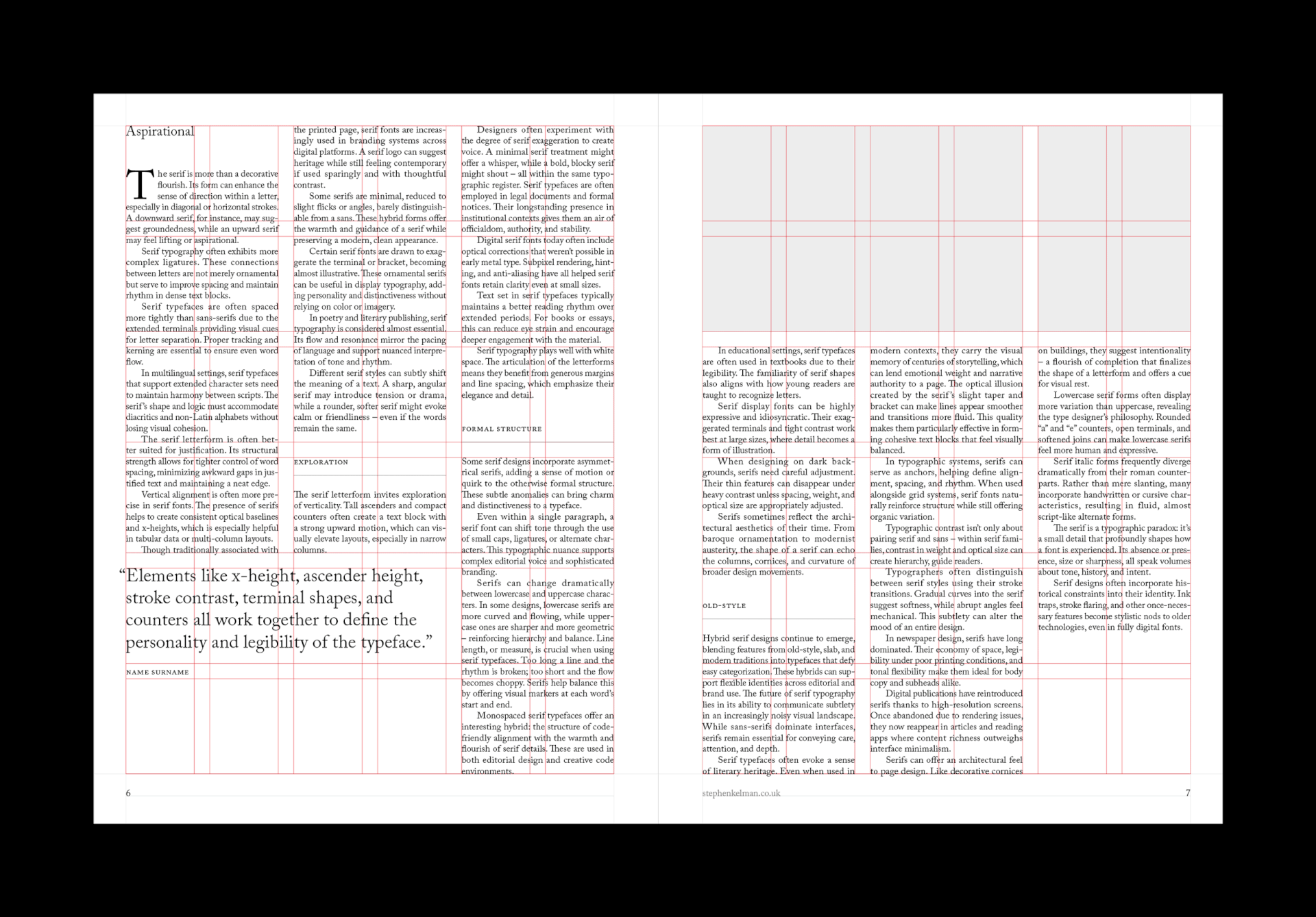 Serif Series US Letter Grid System for InDesign: text-heavy spreads with the 36-field grid overlaid in red.