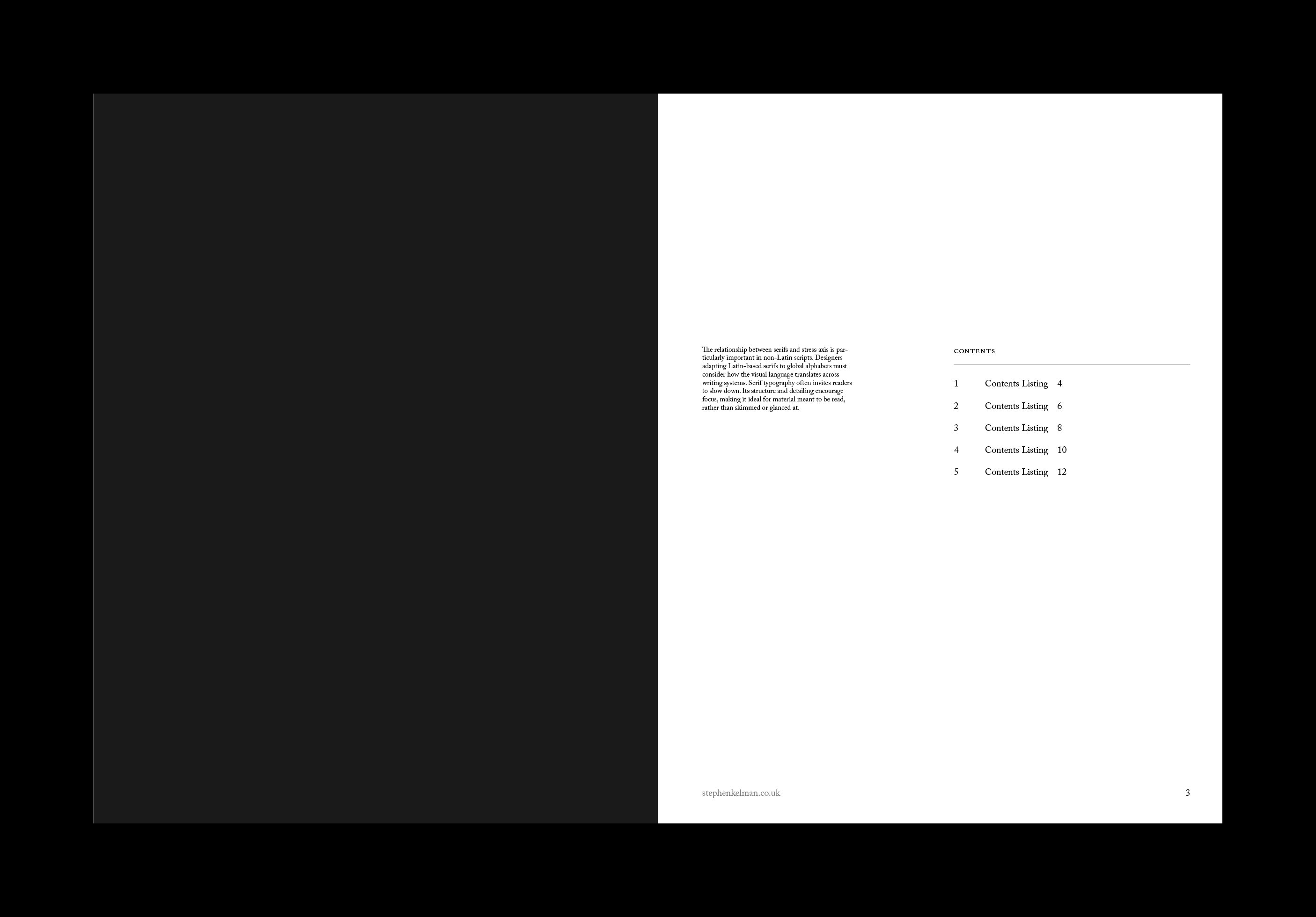 Opening spread pairing a solid black page with a compact ruled contents listing.