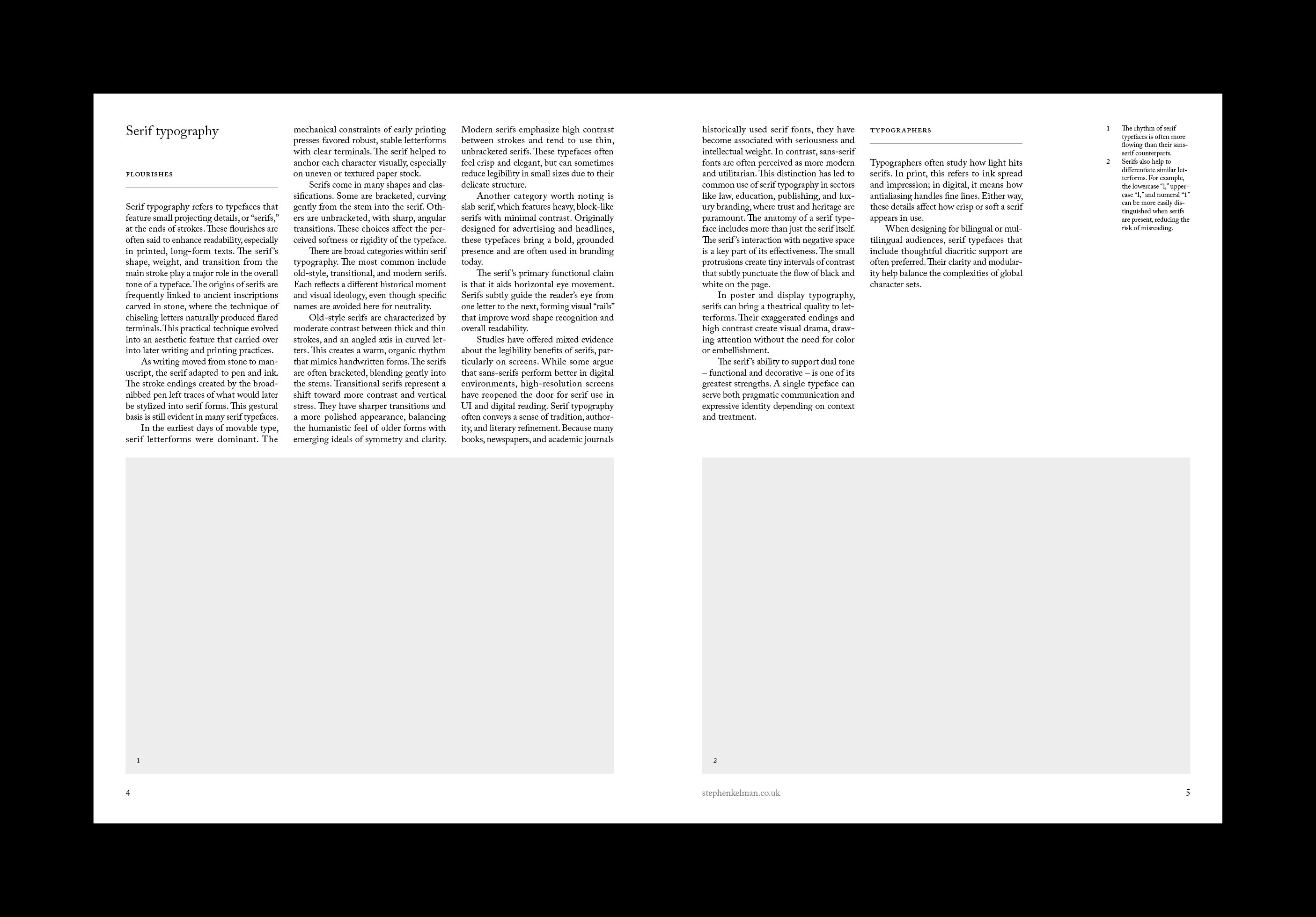 Serif typography essay across two pages with narrow columns and numbered side notes.
