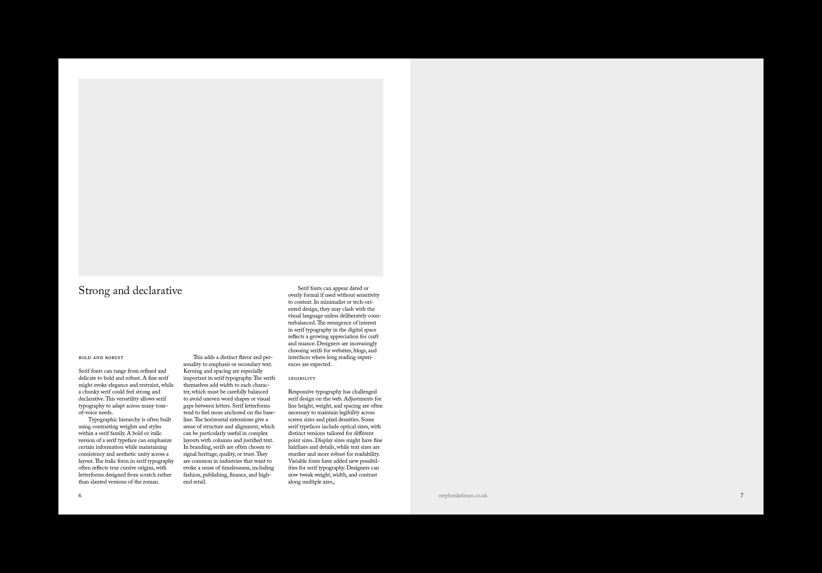 Strong and declarative layout mixing serif columns with a single grey image frame.