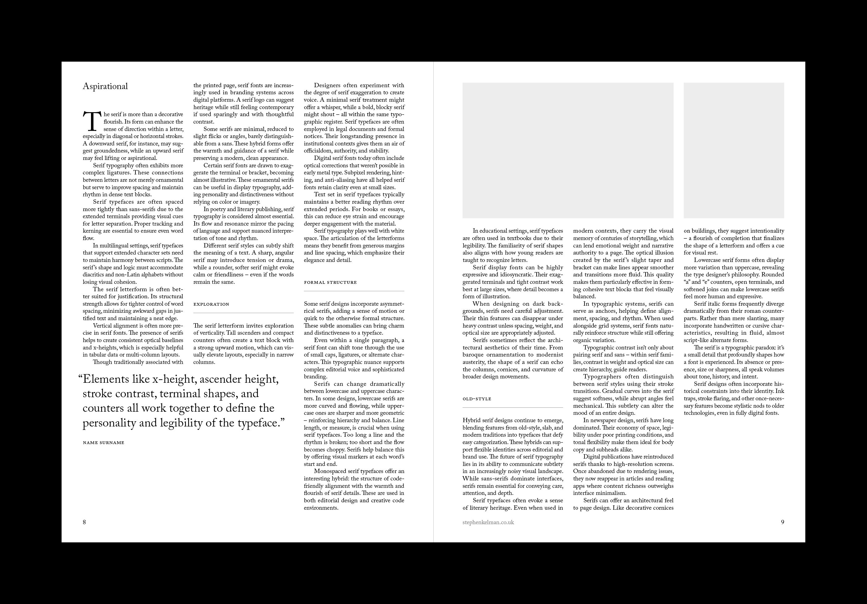 Dense four-column spread led by a serif pull quote on letterform anatomy and counters.