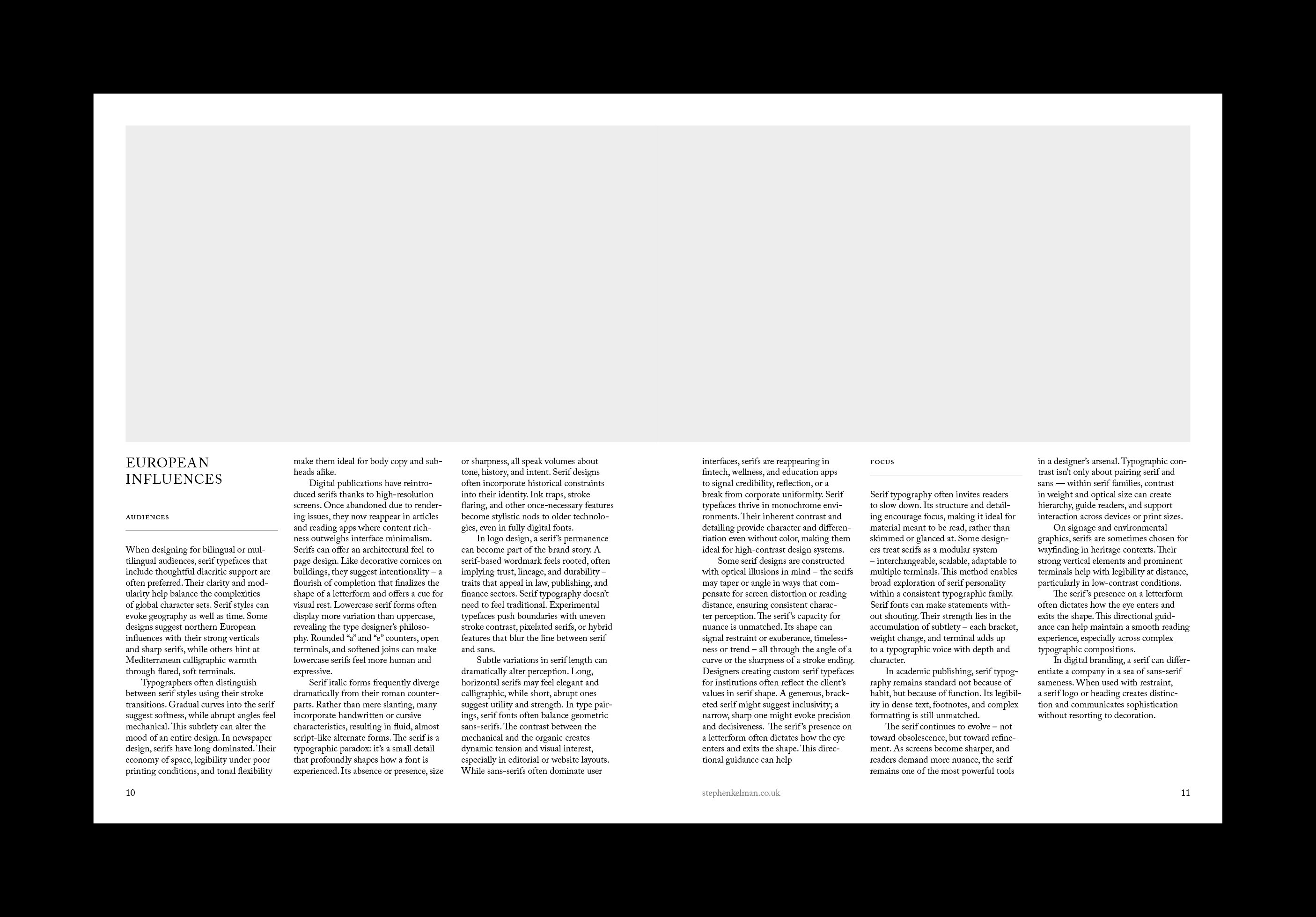 European influences spread with small-caps heading, generous white space and multi-column serif text.