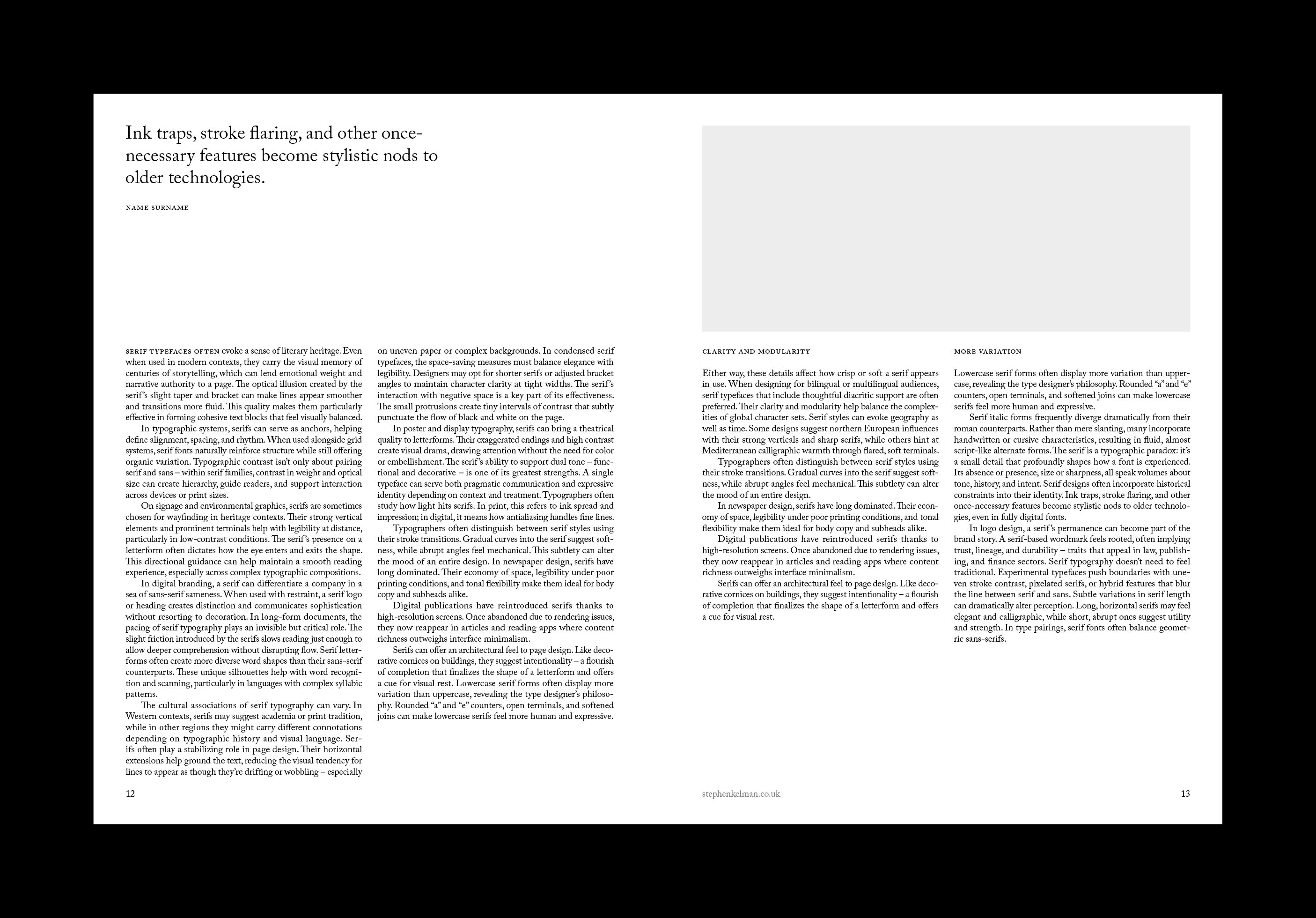 Sample spread opening with a quote on ink traps and flaring, set over columns with shoulder notes.