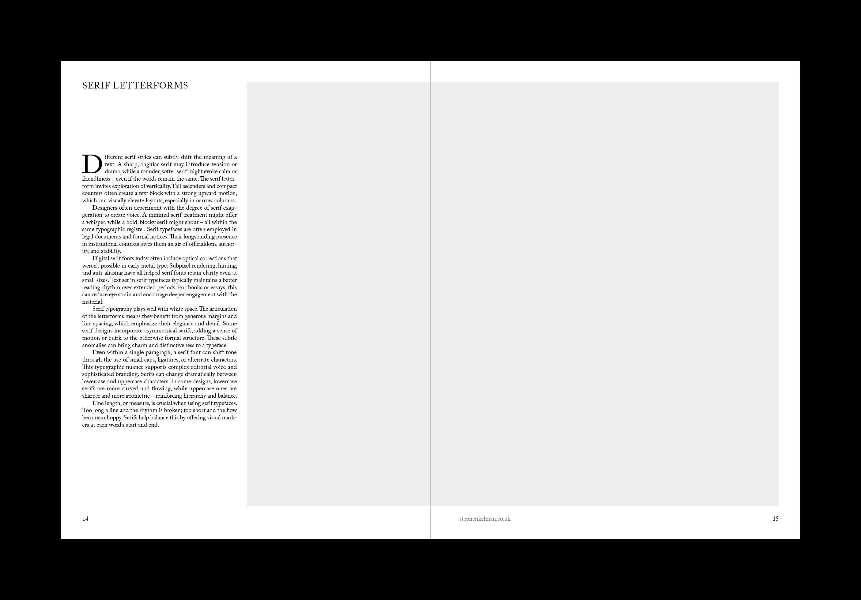 Serif letterforms chapter opener with a large drop cap and single text column facing a blank page.