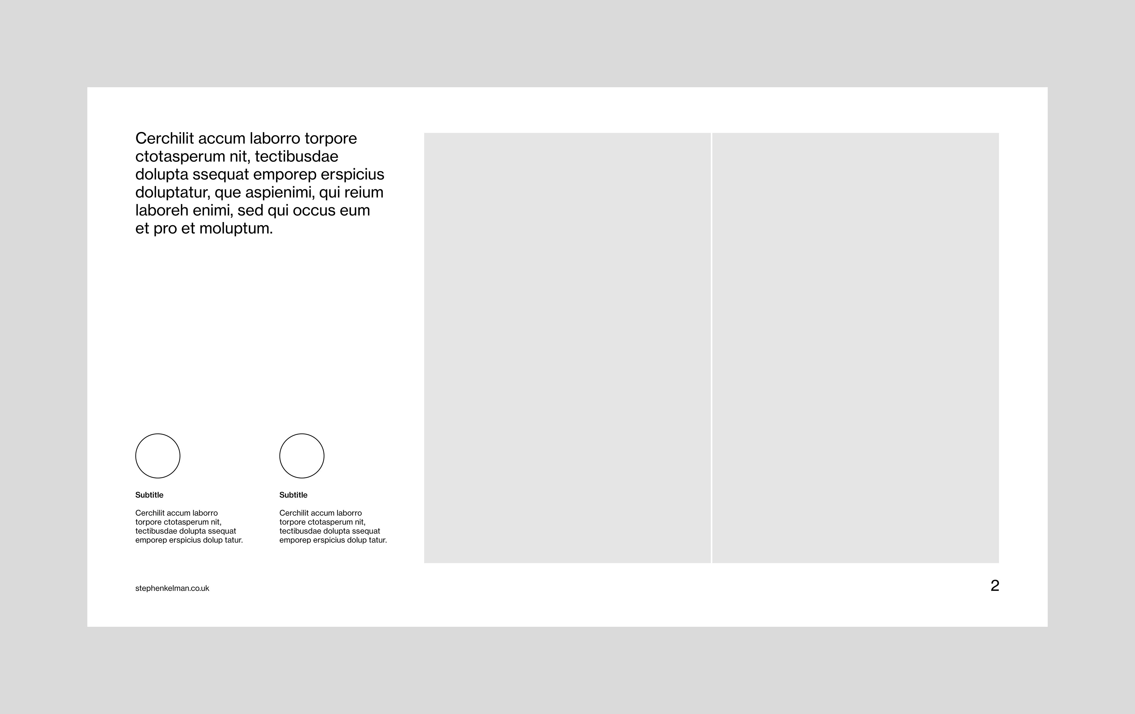 Content page for a 16:9 digital presentation InDesign template. Design features two large images, one paragraph of header copy and two supporting paragraphs