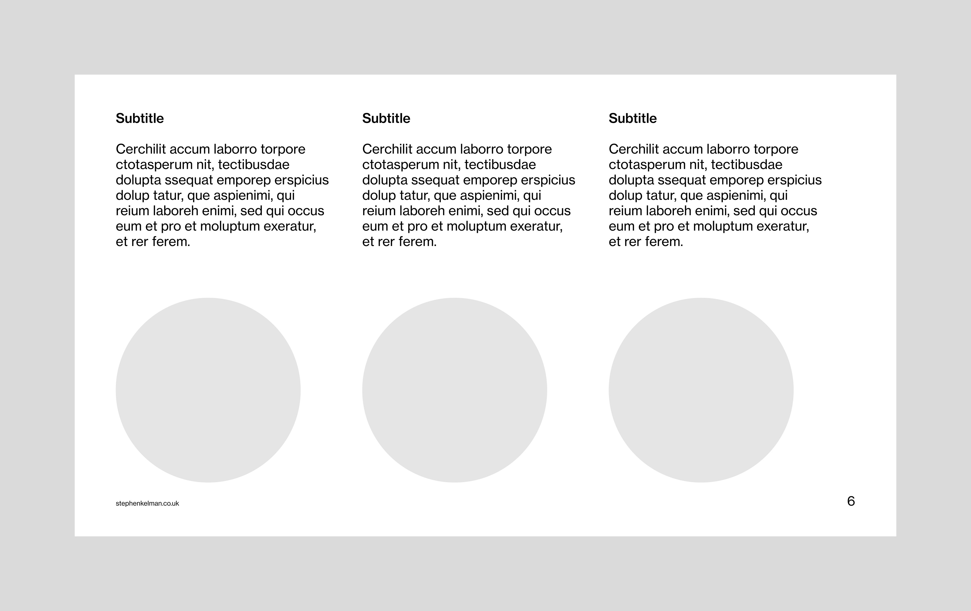 Content pages layout for a slide deck InDesign template. The layout features three columns with a subtitle, paragraph and circular image in each column