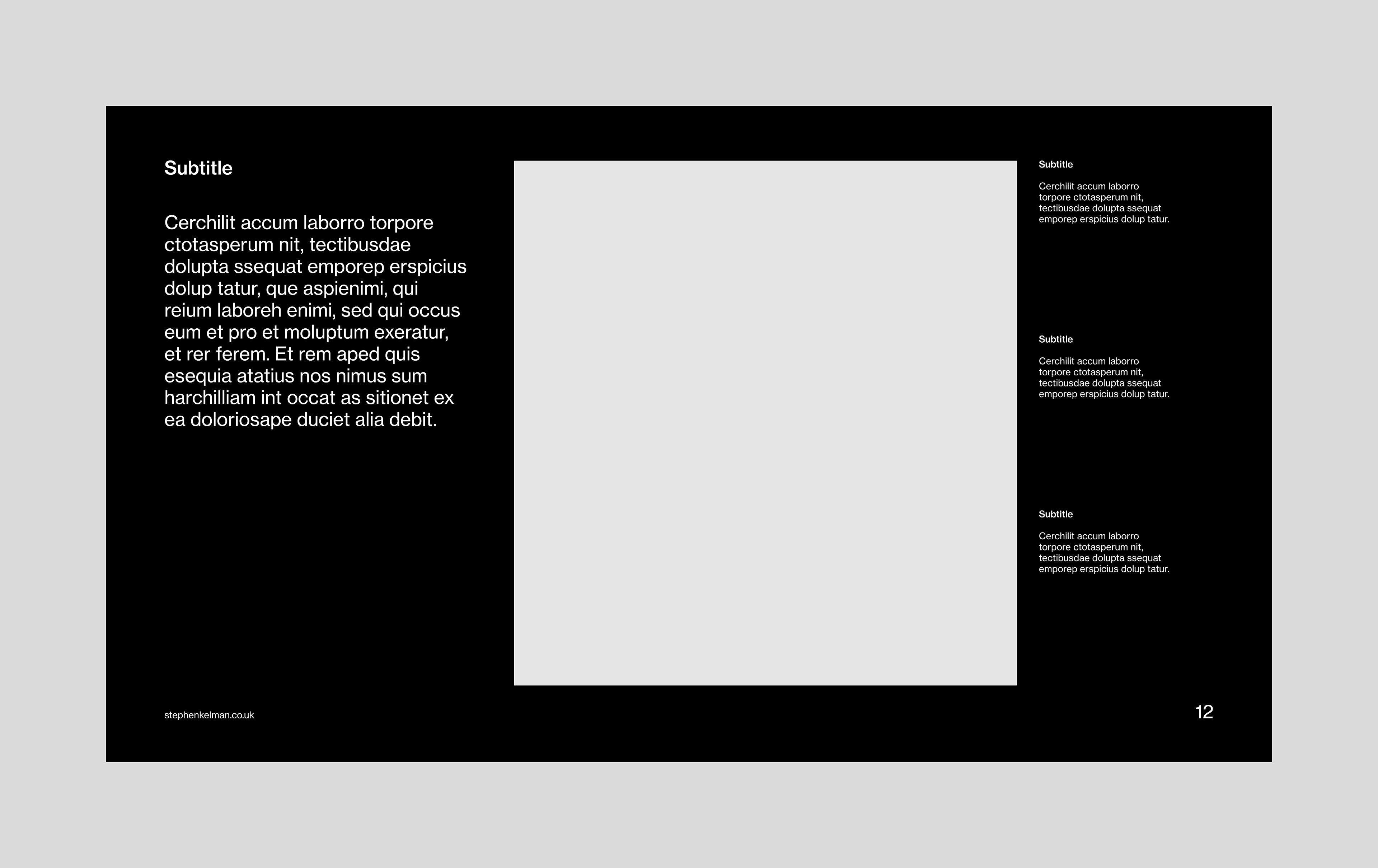 Content page for a 16:9 InDesign slide deck template. Layout design features one large image, one paragraph of large text and three supporting paragraphs