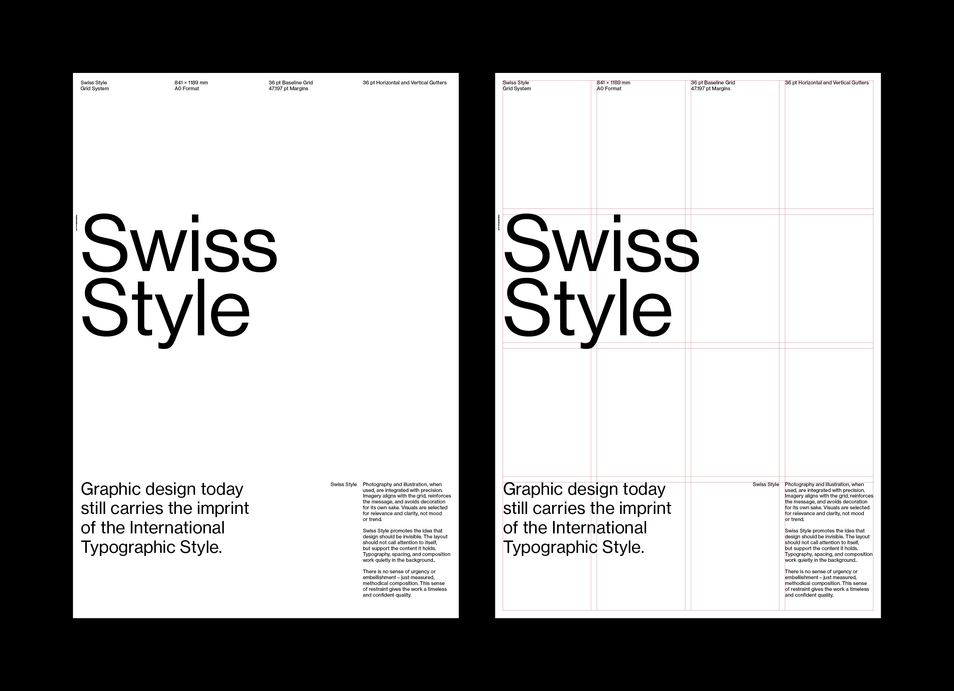 Two Swiss Style posters side by side; the left shows a clean typographic layout, the right displays the same layout with a visible red grid system overlay.