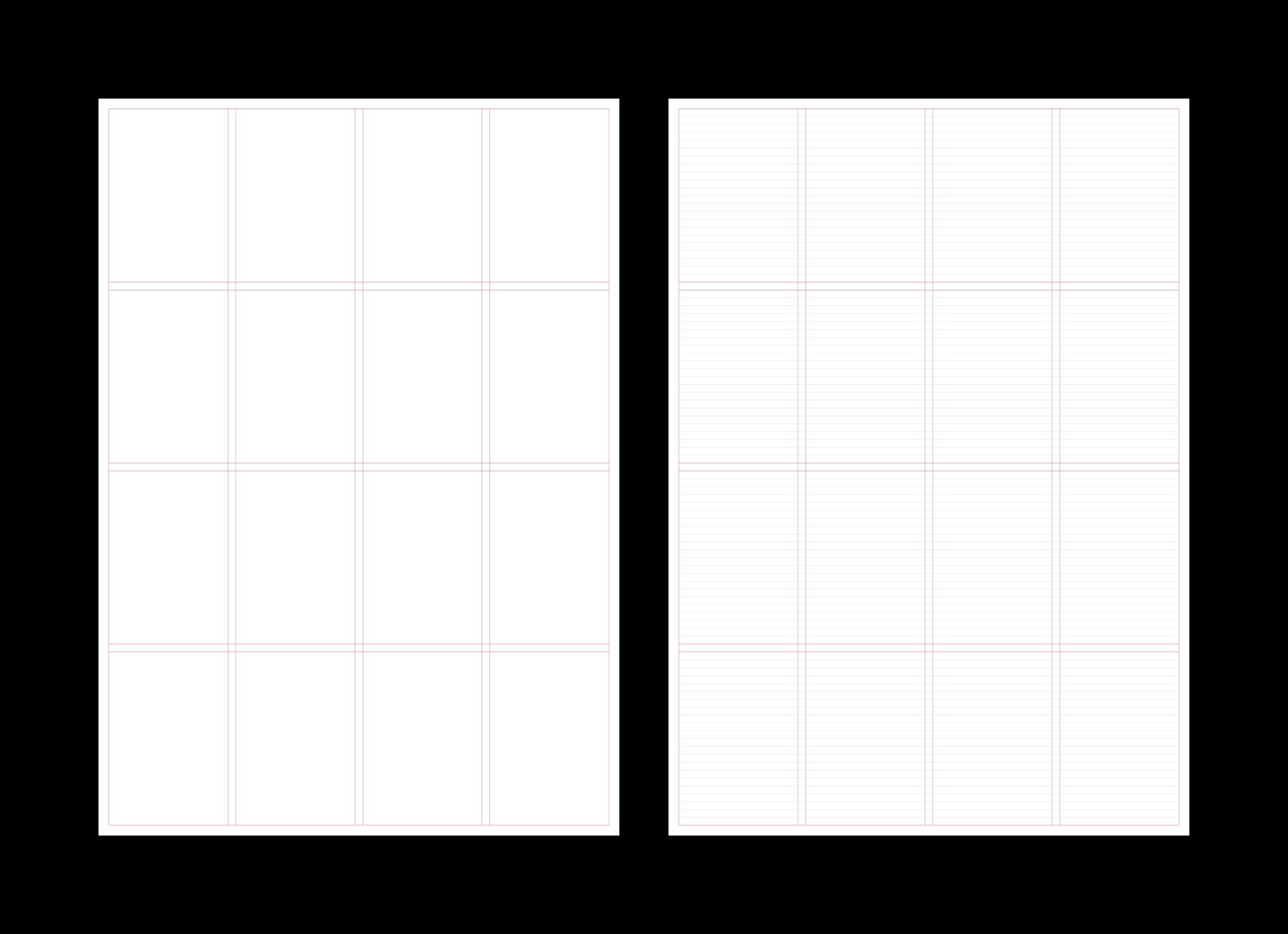Two grid layout templates side by side; the left shows vertical and horizontal column guides, the right adds fine baseline grid lines.
